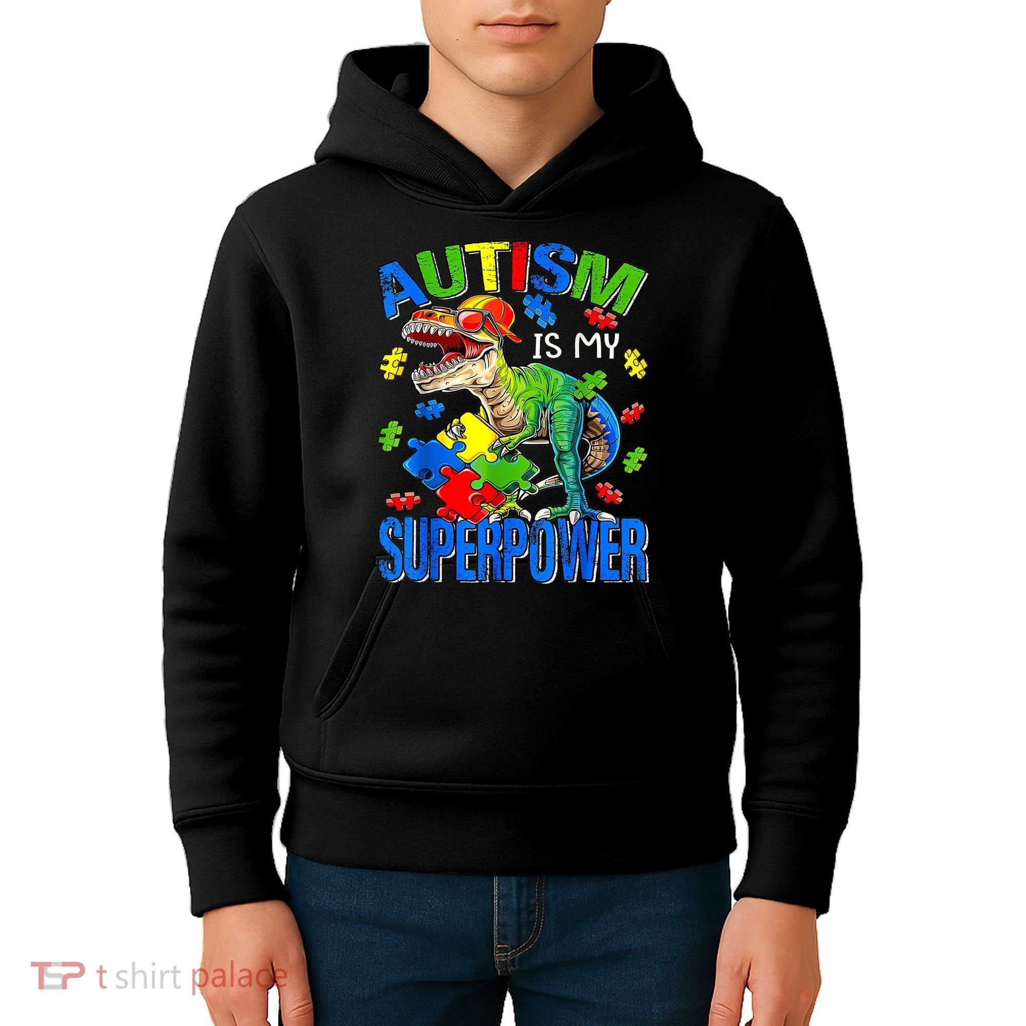 Autism Is My Superpower Autism Awareness Dinosaur Kids Hoodie