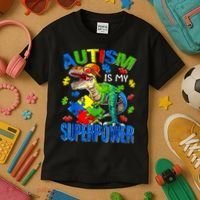 Autism Is My Superpower Autism Awareness Dinosaur Kids T-Shirt thumb 3