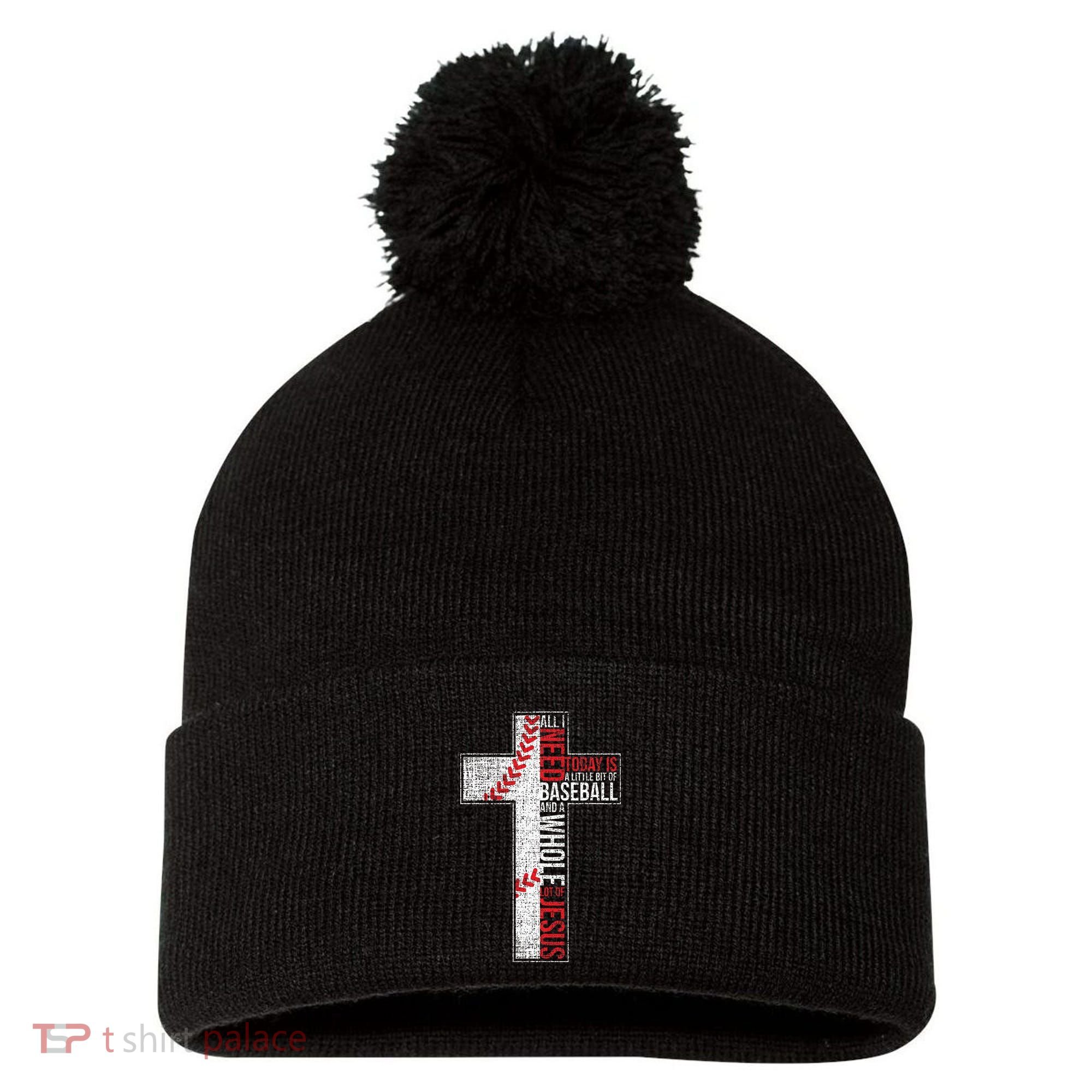 All I Need Is Baseball & Jesus Christian Cross Faith Pom Pom 12in Knit Beanie