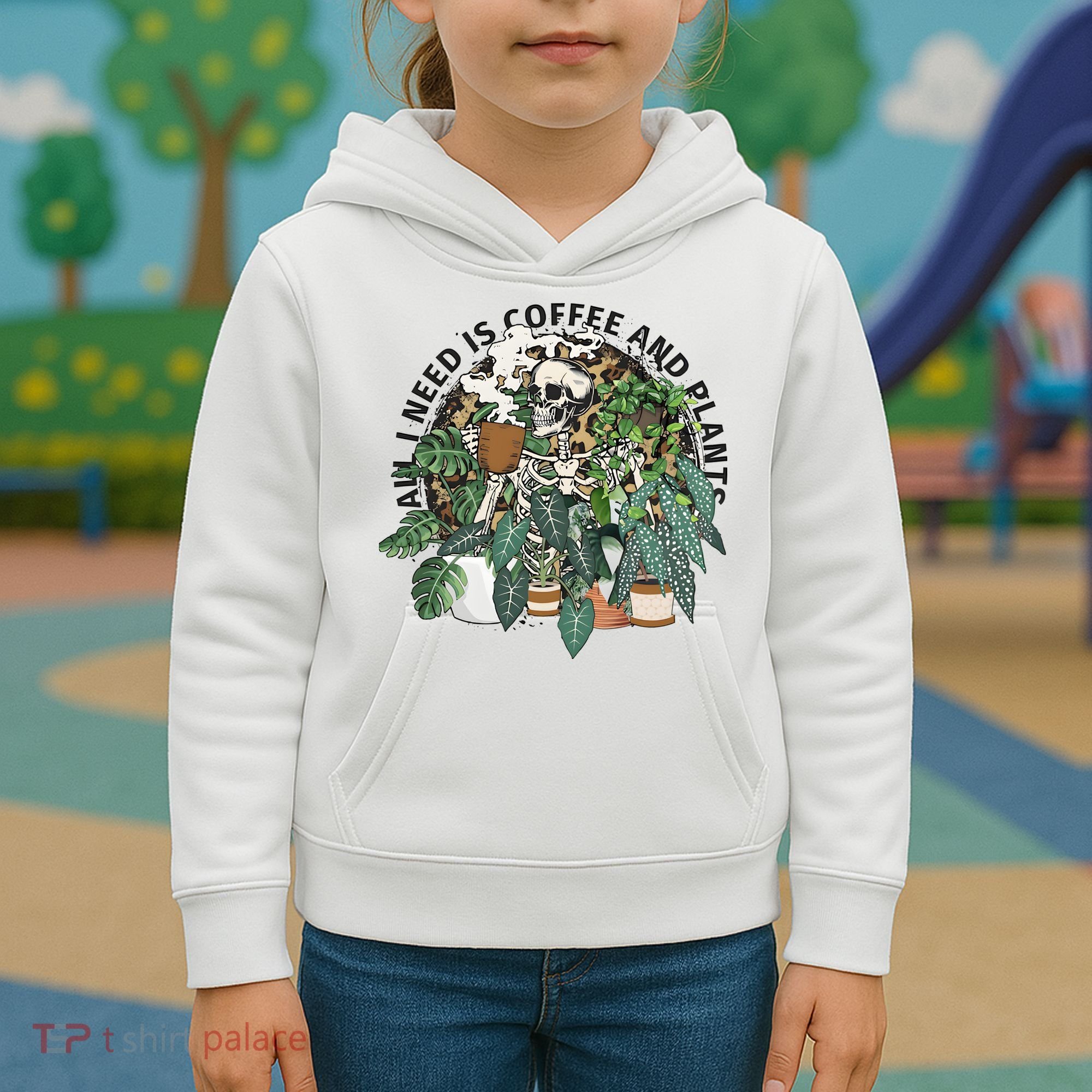 All I Need Is Coffee And Plants Funny Skeleton Gardening Lover Kids Hoodie