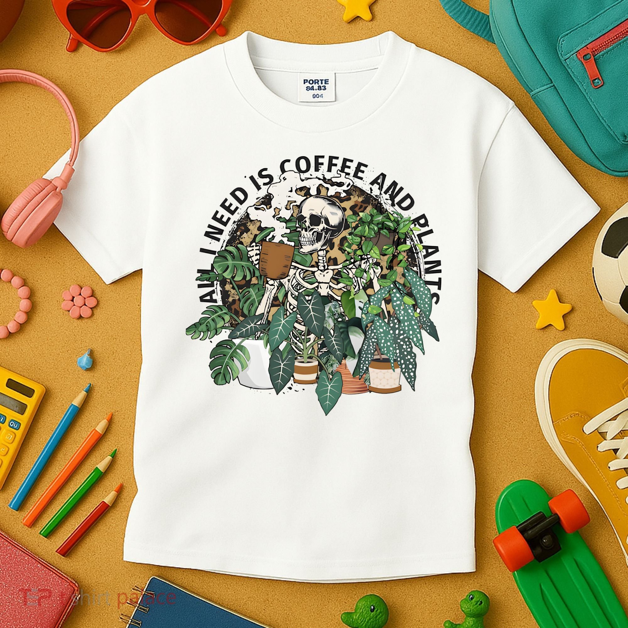 All I Need Is Coffee And Plants Funny Skeleton Gardening Lover Kids T-Shirt