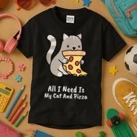 All I Need Is My Cat And Pizza Funny Cat And Pizza Kids T-Shirt thumb 3