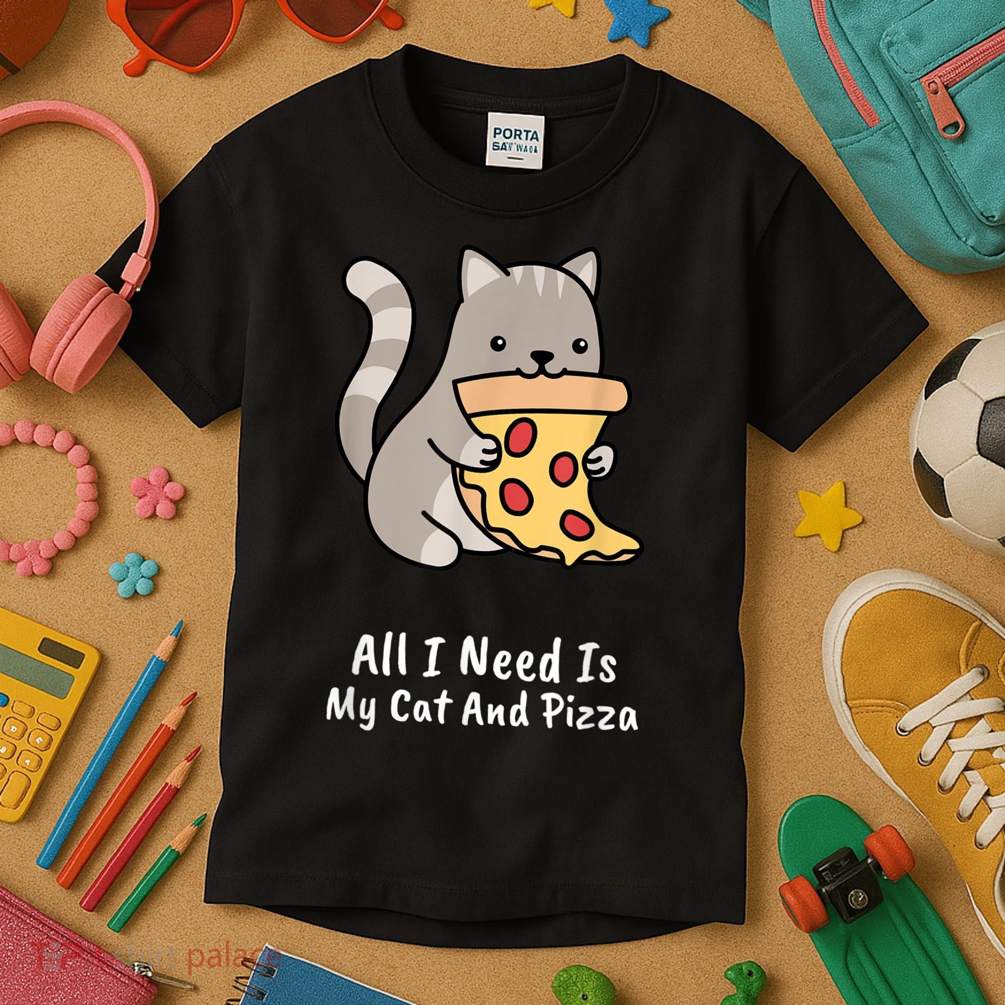 All I Need Is My Cat And Pizza Funny Cat And Pizza Kids T-Shirt