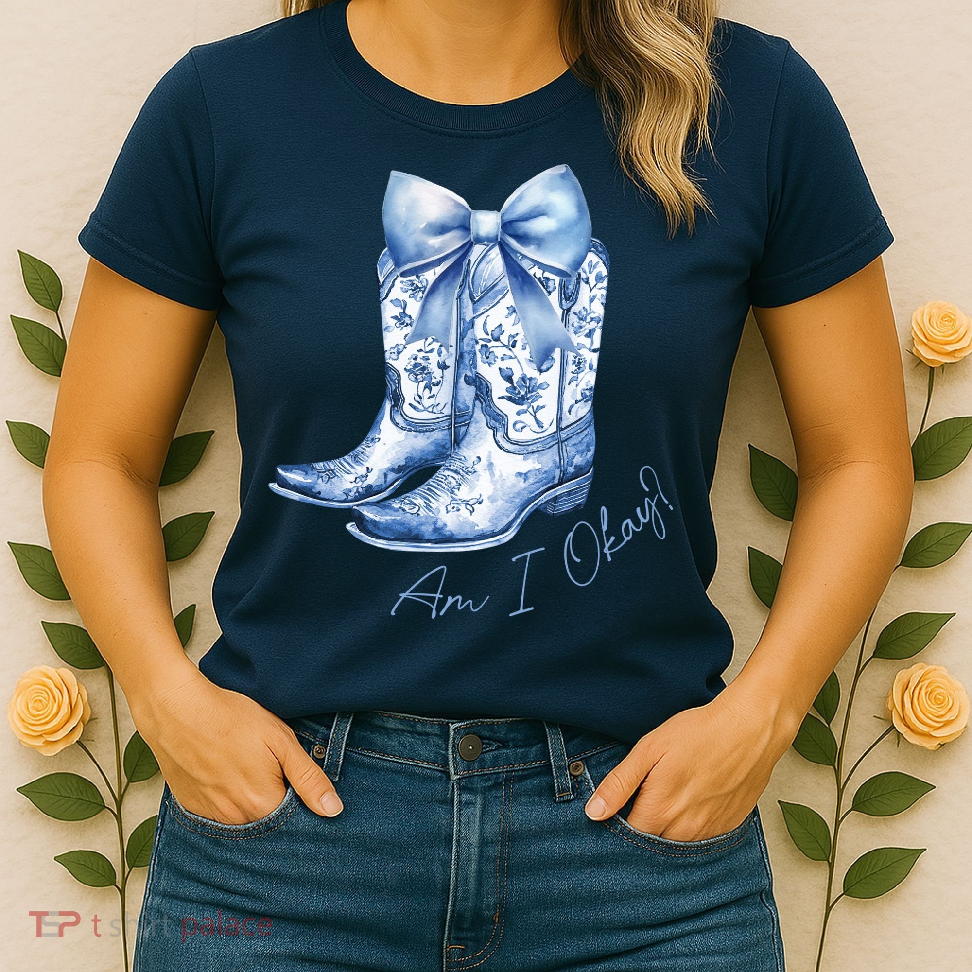 Am I Okay Boot Cowgirl Coquette Bow Women's T-Shirt