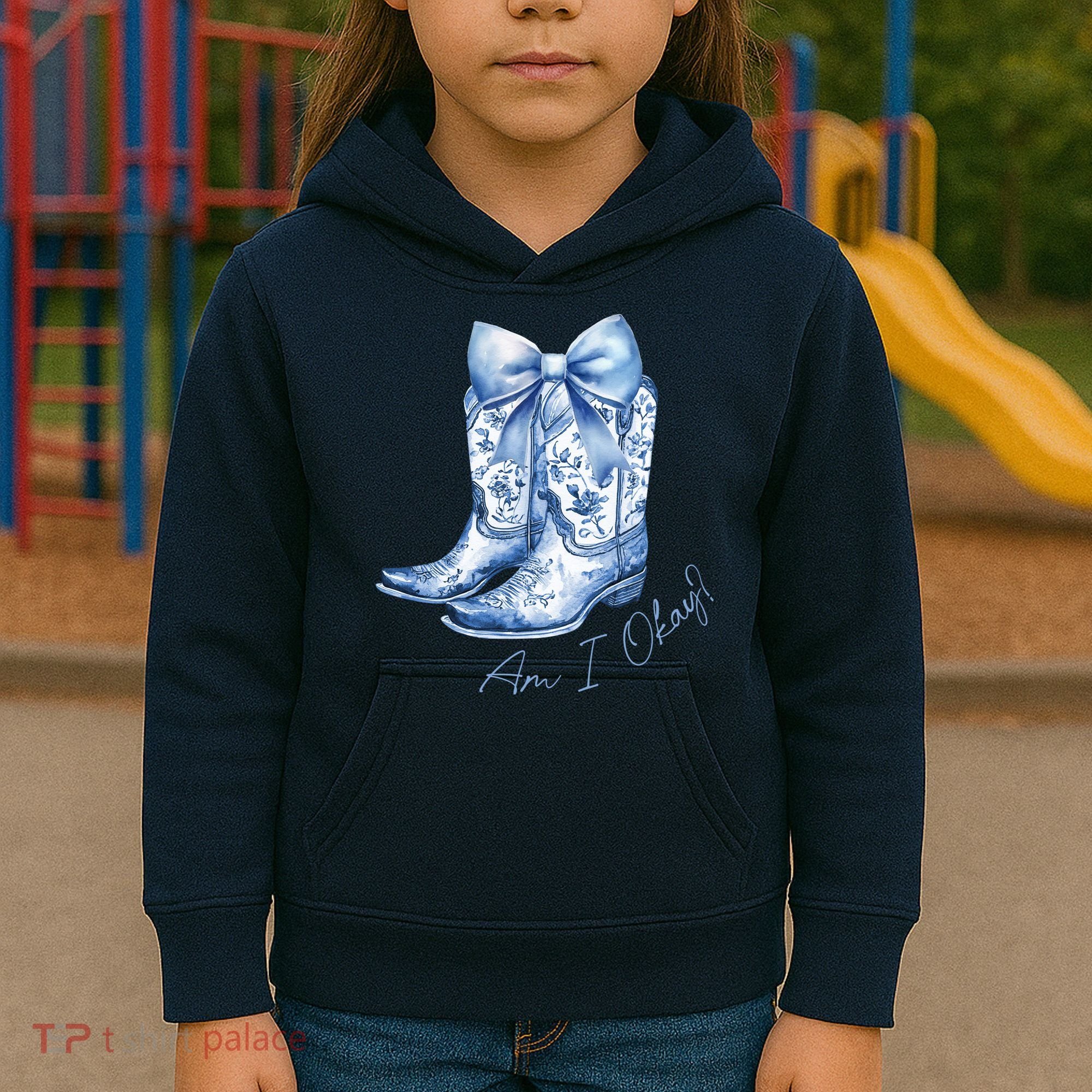 Am I Okay Boot Cowgirl Coquette Bow Kids Hoodie