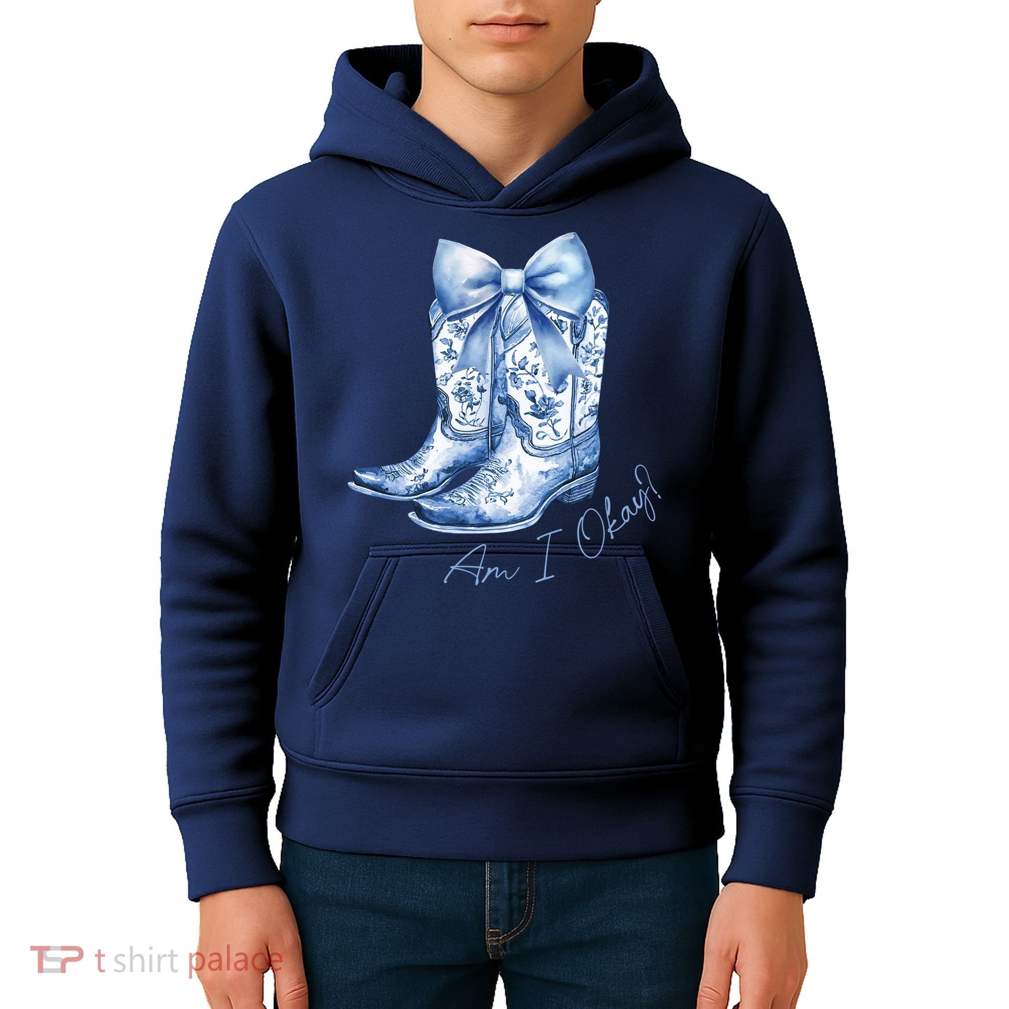 Am I Okay Boot Cowgirl Coquette Bow Kids Hoodie