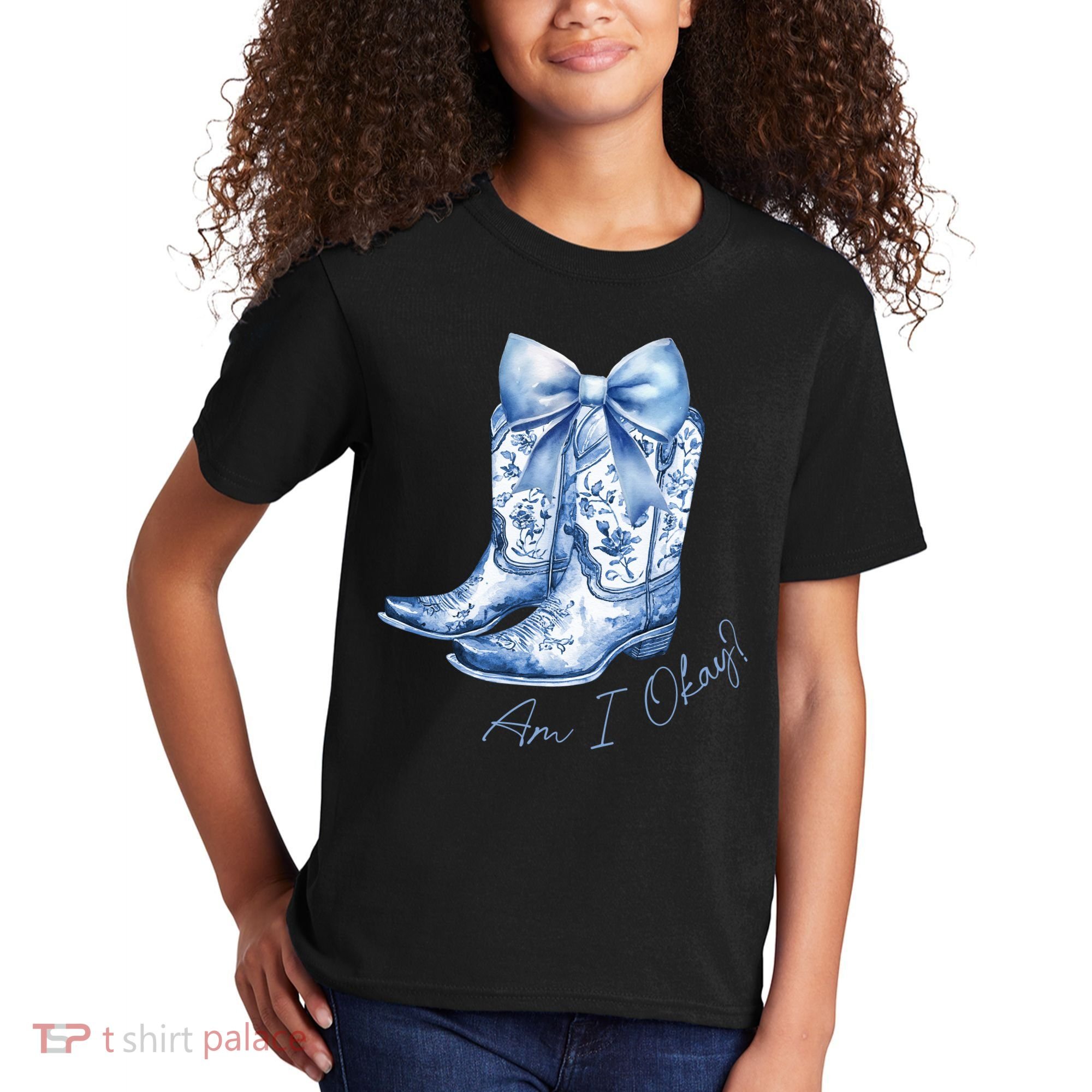 Am I Okay Boot Cowgirl Coquette Bow Kids T-Shirt