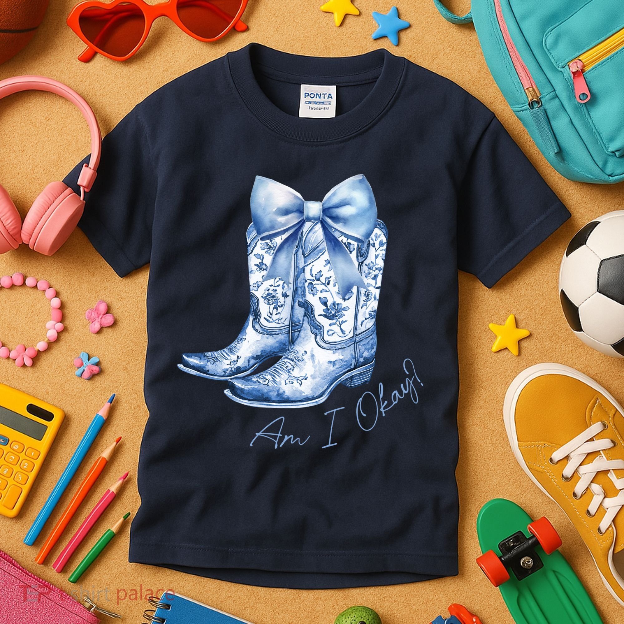 Am I Okay Boot Cowgirl Coquette Bow Kids T-Shirt