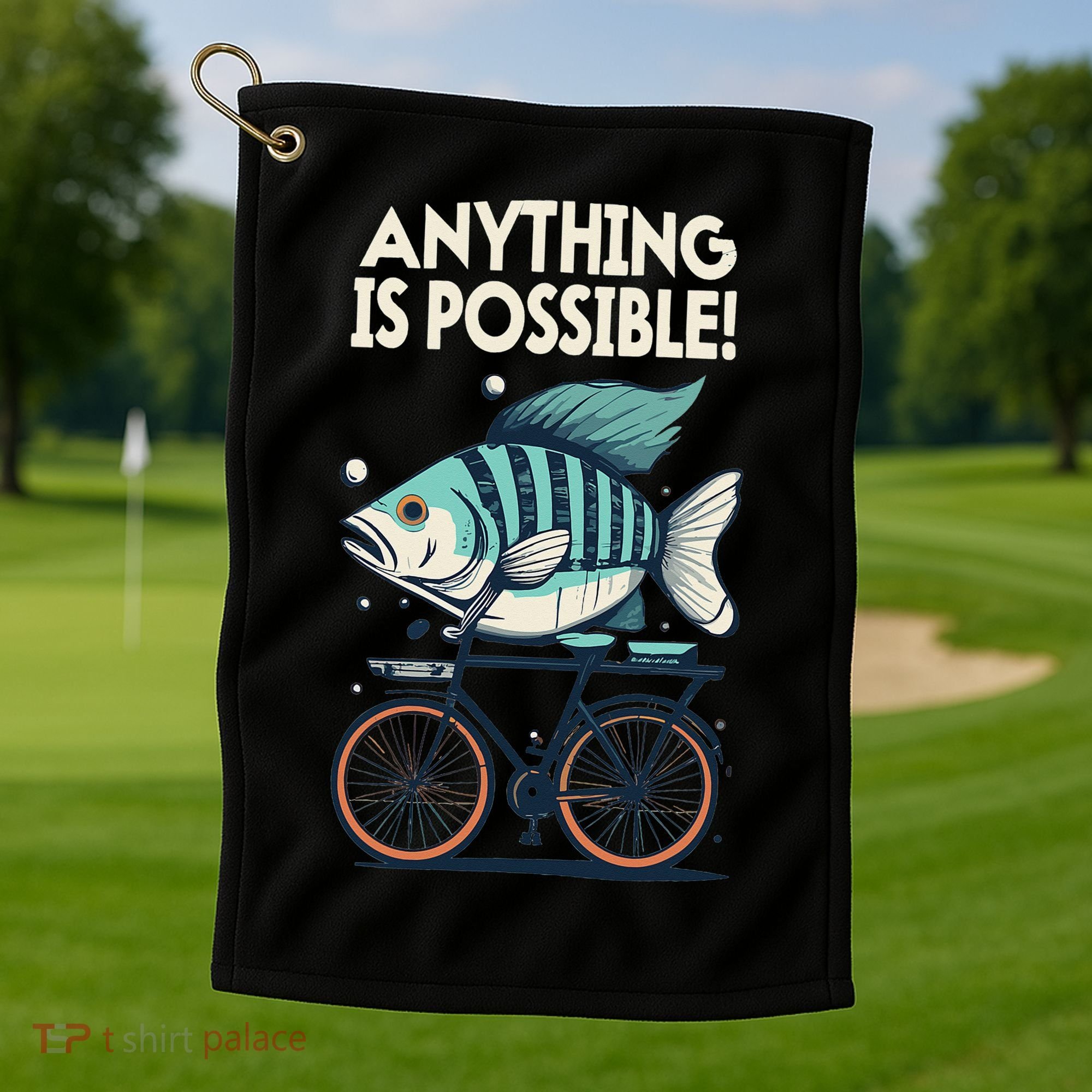 Anything Is Possible Fish Riding A Bicycle Golf Towel