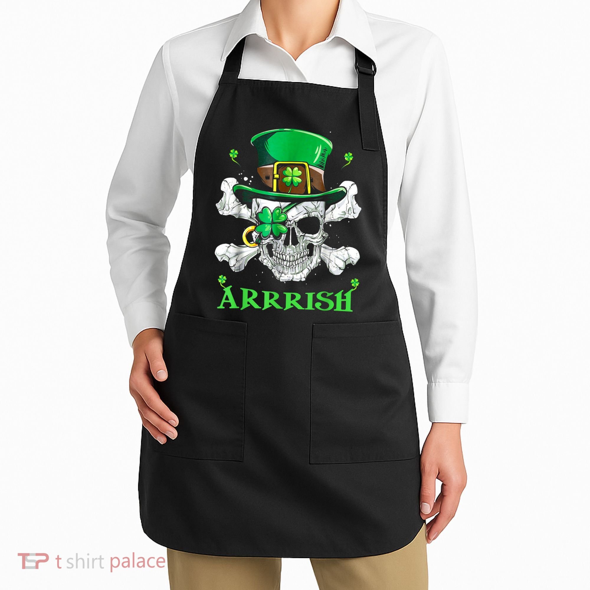 Arrrish Irish Shamrock Clover Skull St Patricks Day Apron
