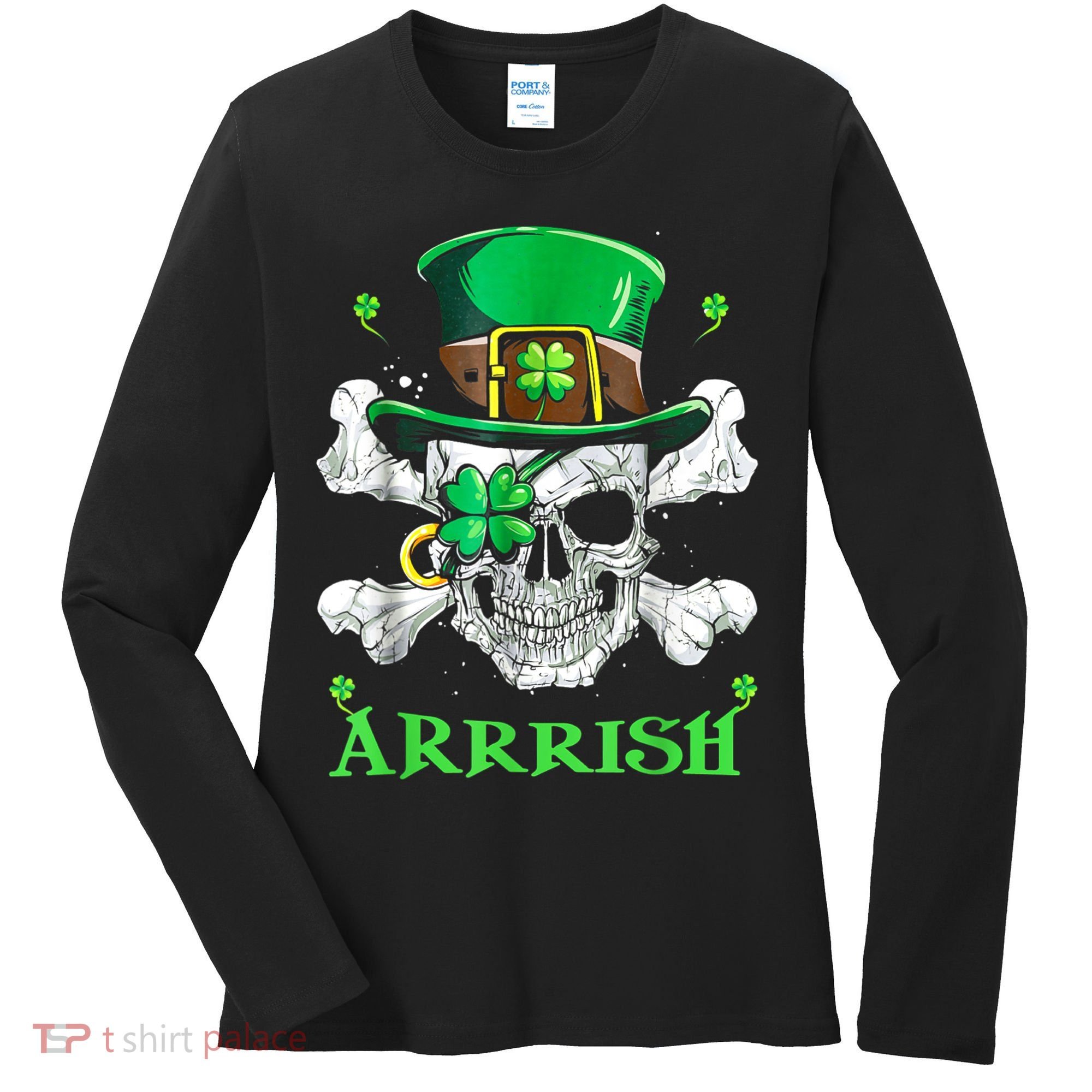 Arrrish Irish Shamrock Clover Skull St Patricks Day Women's Long Sleeve Shirt