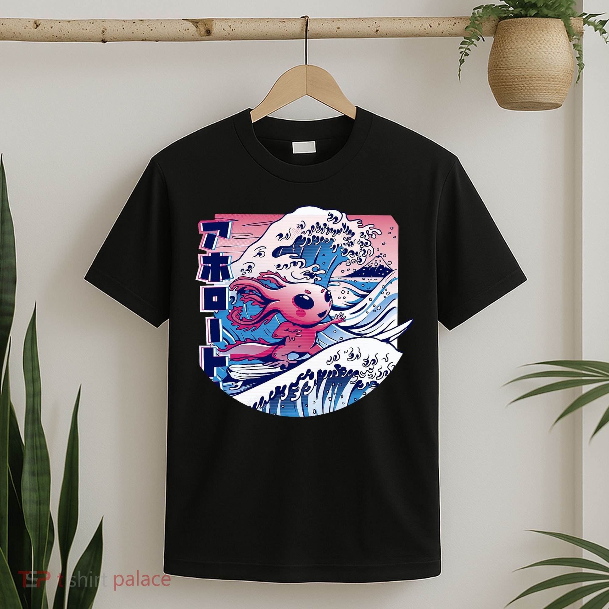 Axolotl Is Surfing Japanese Great Wave Axolotl Anime Kawaii T-Shirt