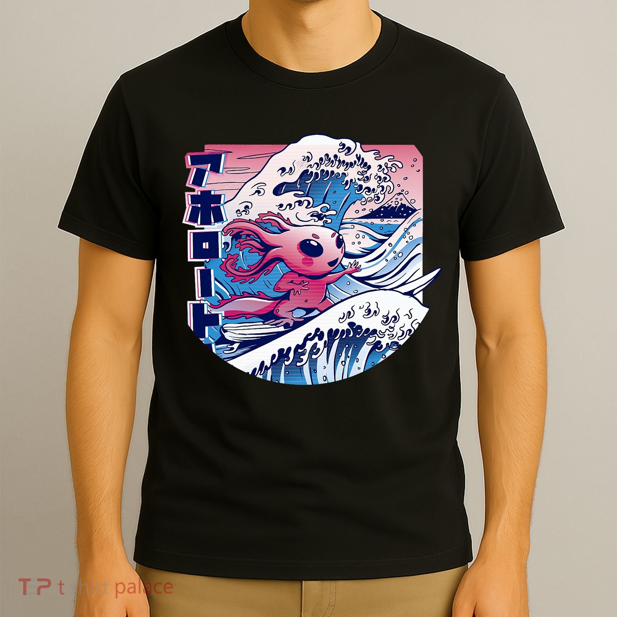 Axolotl Is Surfing Japanese Great Wave Axolotl Anime Kawaii T-Shirt
