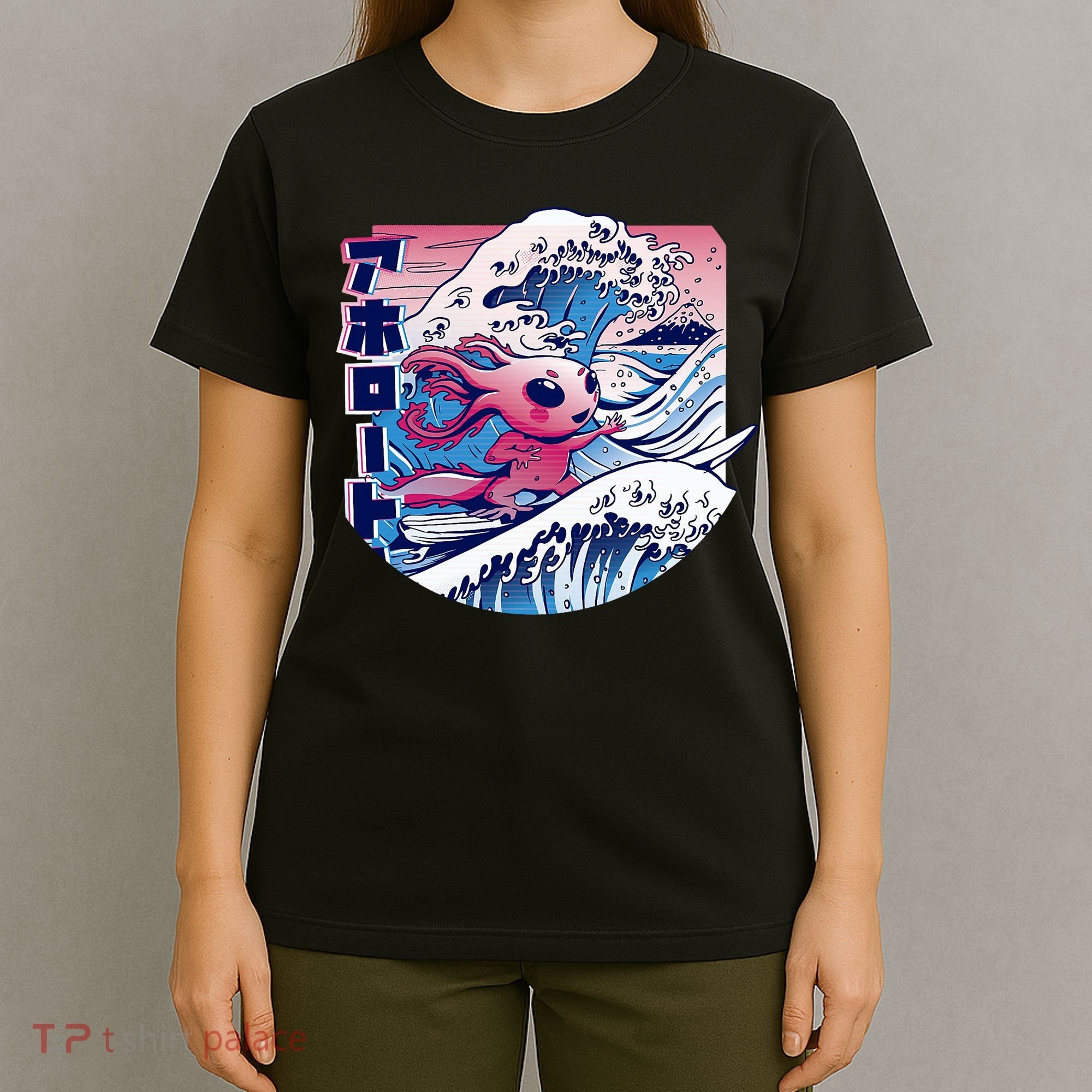 Axolotl Is Surfing Japanese Great Wave Axolotl Anime Kawaii T-Shirt