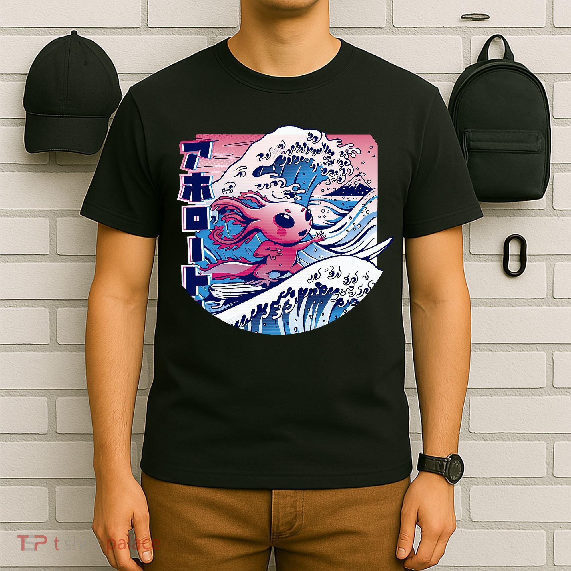 Axolotl Is Surfing Japanese Great Wave Axolotl Anime Kawaii T-Shirt