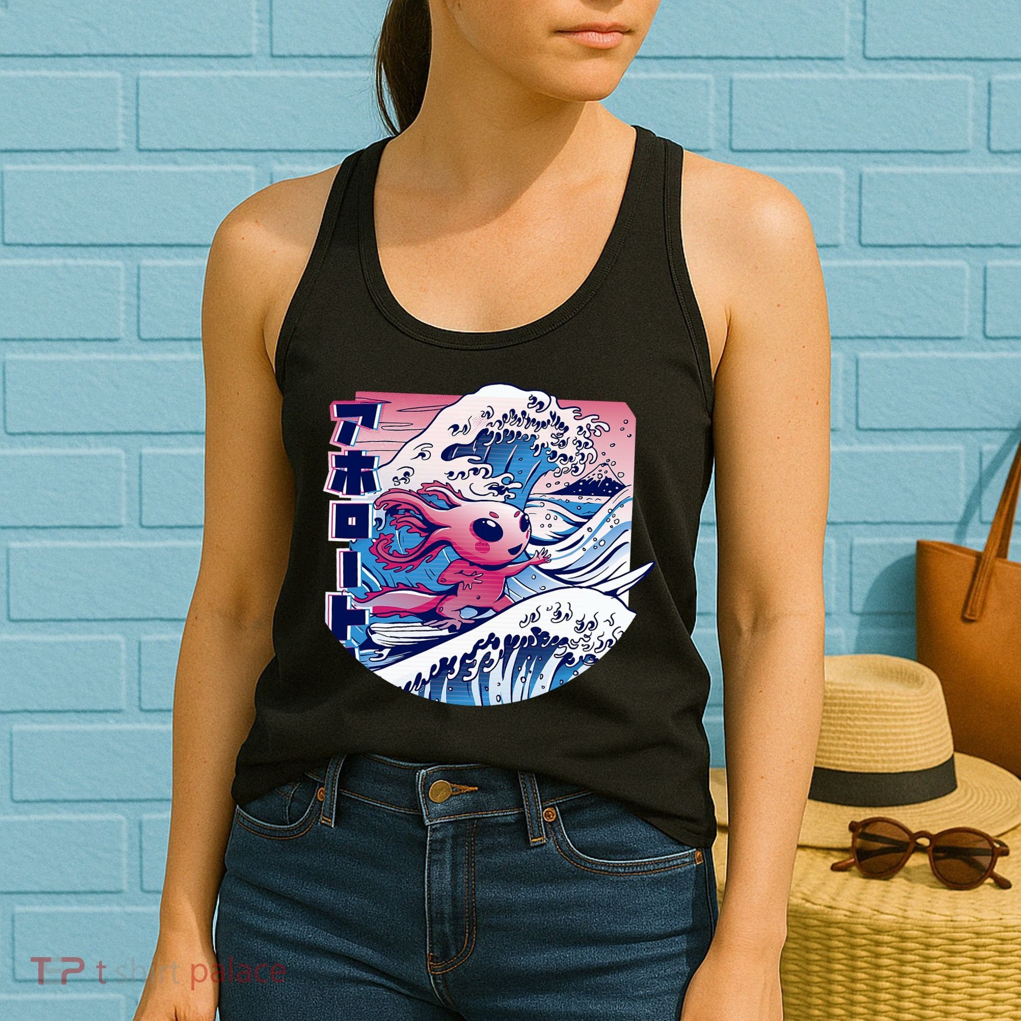 Axolotl Is Surfing Japanese Great Wave Axolotl Anime Kawaii Women's Tank Top