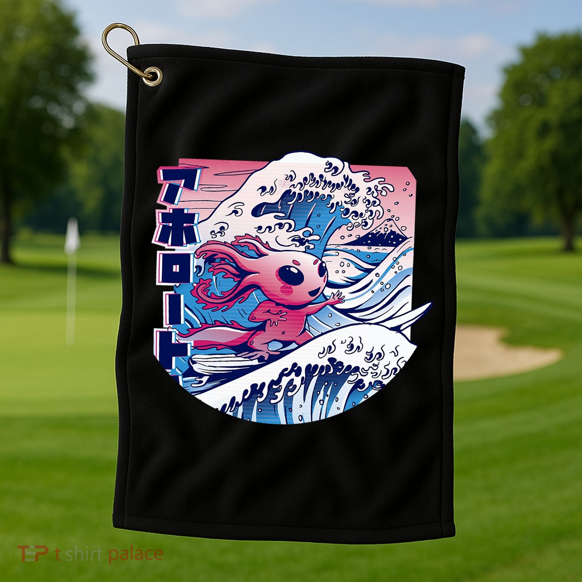 Axolotl Is Surfing Japanese Great Wave Axolotl Anime Kawaii Golf Towel
