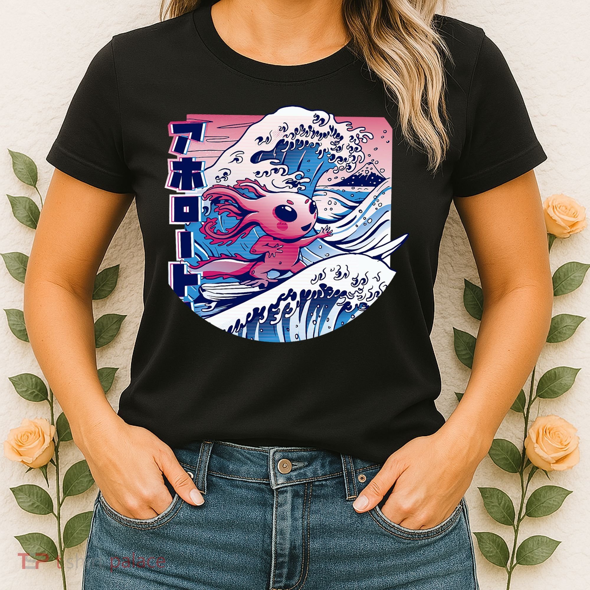 Axolotl Is Surfing Japanese Great Wave Axolotl Anime Kawaii Women's T-Shirt