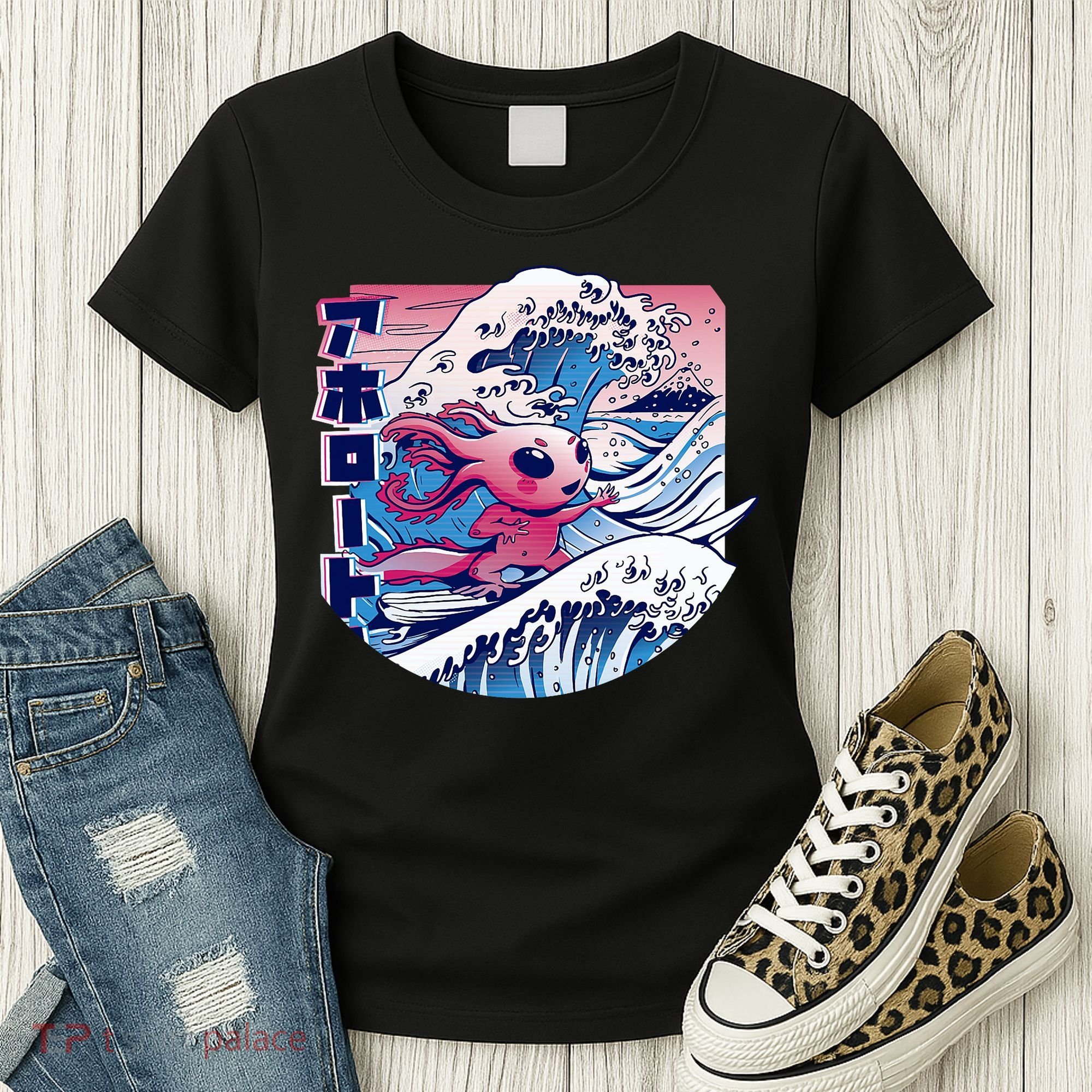Axolotl Is Surfing Japanese Great Wave Axolotl Anime Kawaii Women's T-Shirt