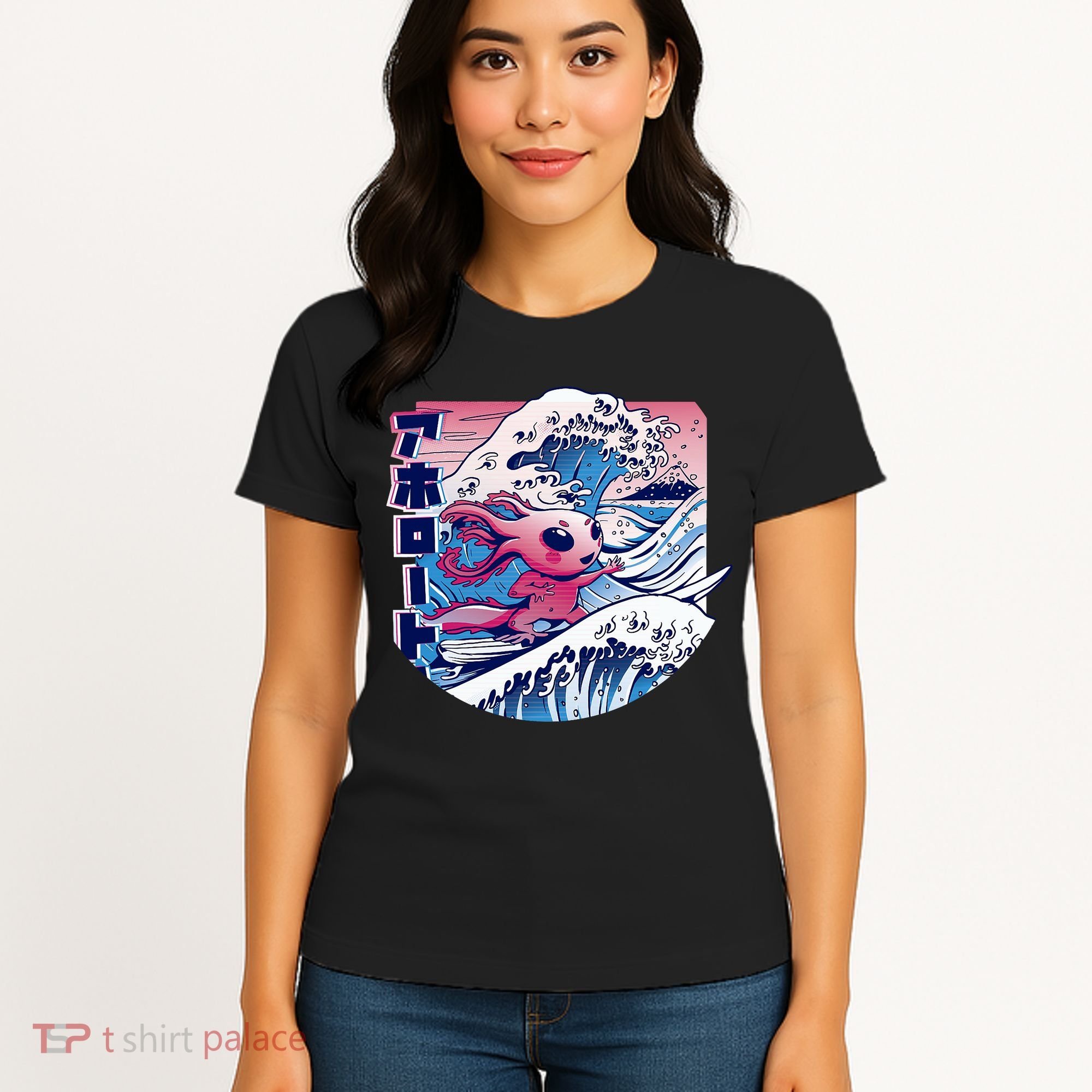 Axolotl Is Surfing Japanese Great Wave Axolotl Anime Kawaii Women's T-Shirt