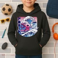 Axolotl Is Surfing Japanese Great Wave Axolotl Anime Kawaii Kids Hoodie thumb 2