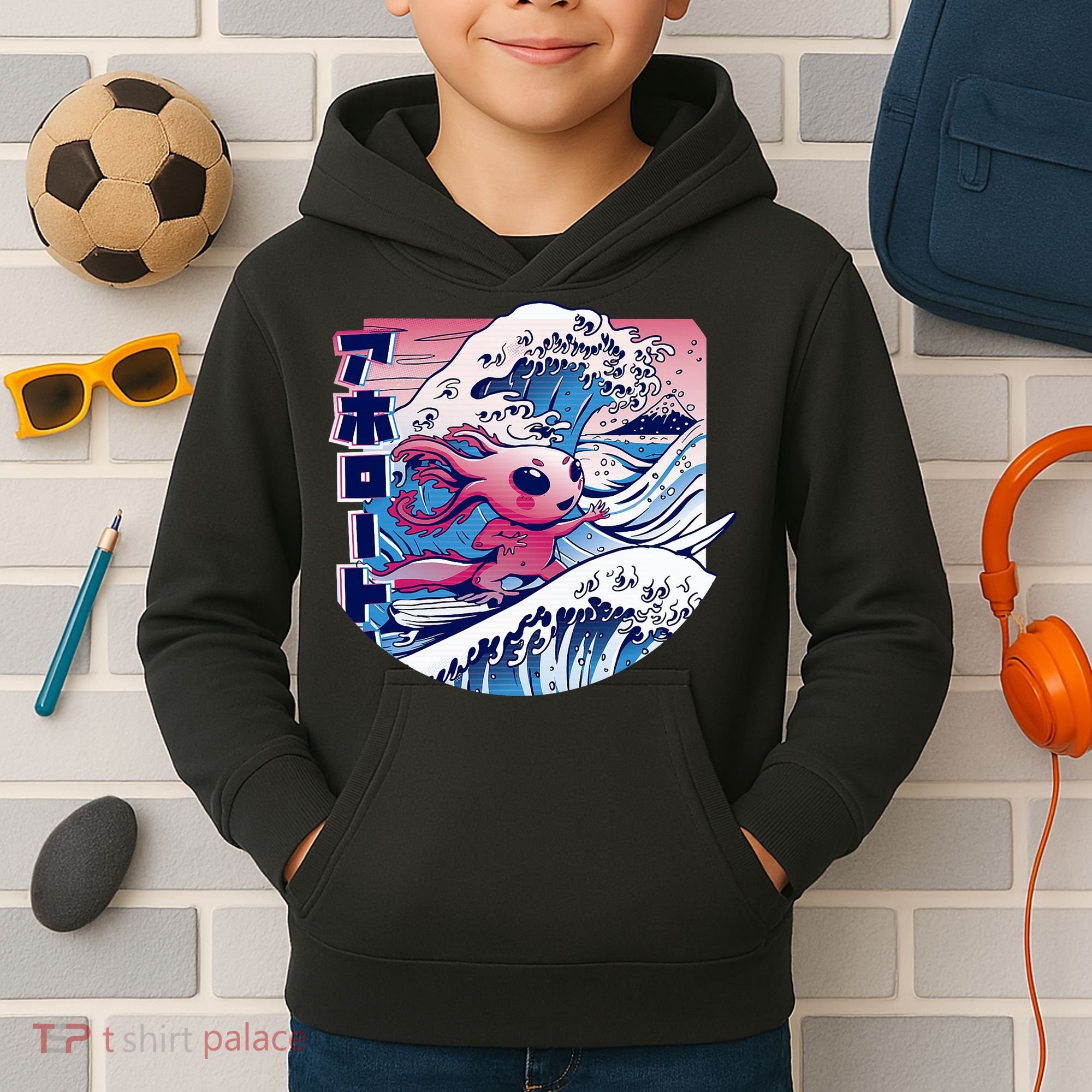 Axolotl Is Surfing Japanese Great Wave Axolotl Anime Kawaii Kids Hoodie