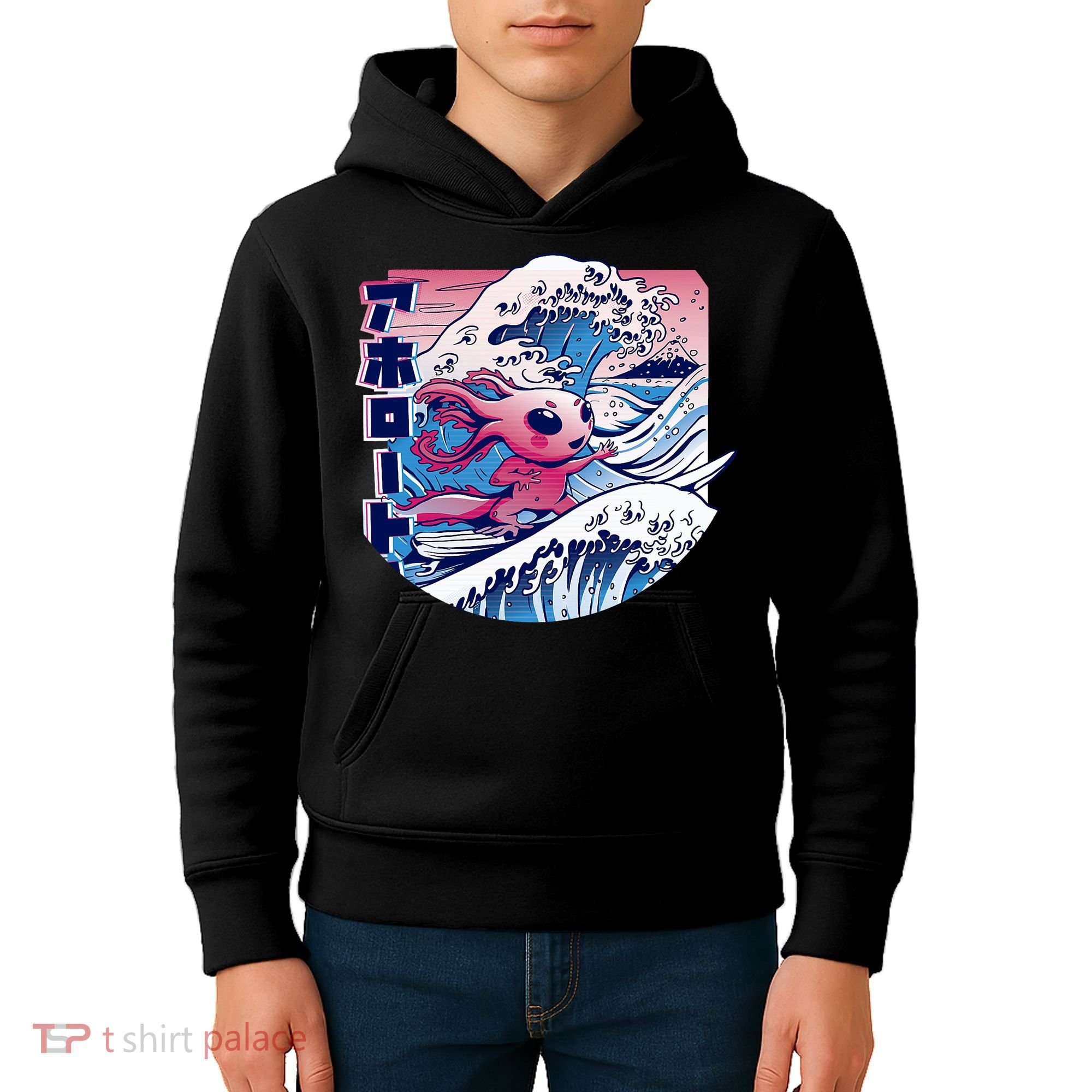 Axolotl Is Surfing Japanese Great Wave Axolotl Anime Kawaii Kids Hoodie
