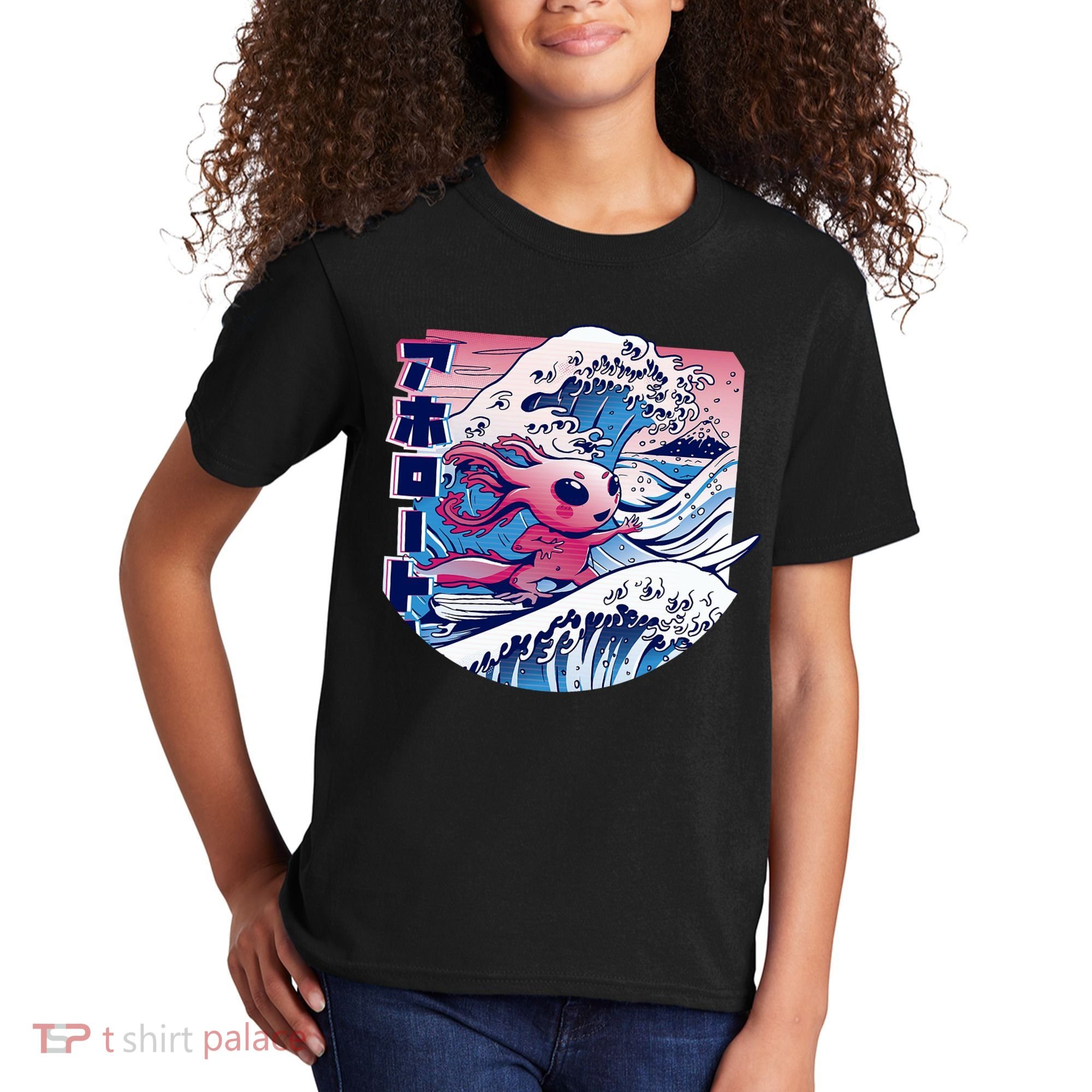 Axolotl Is Surfing Japanese Great Wave Axolotl Anime Kawaii Kids T-Shirt