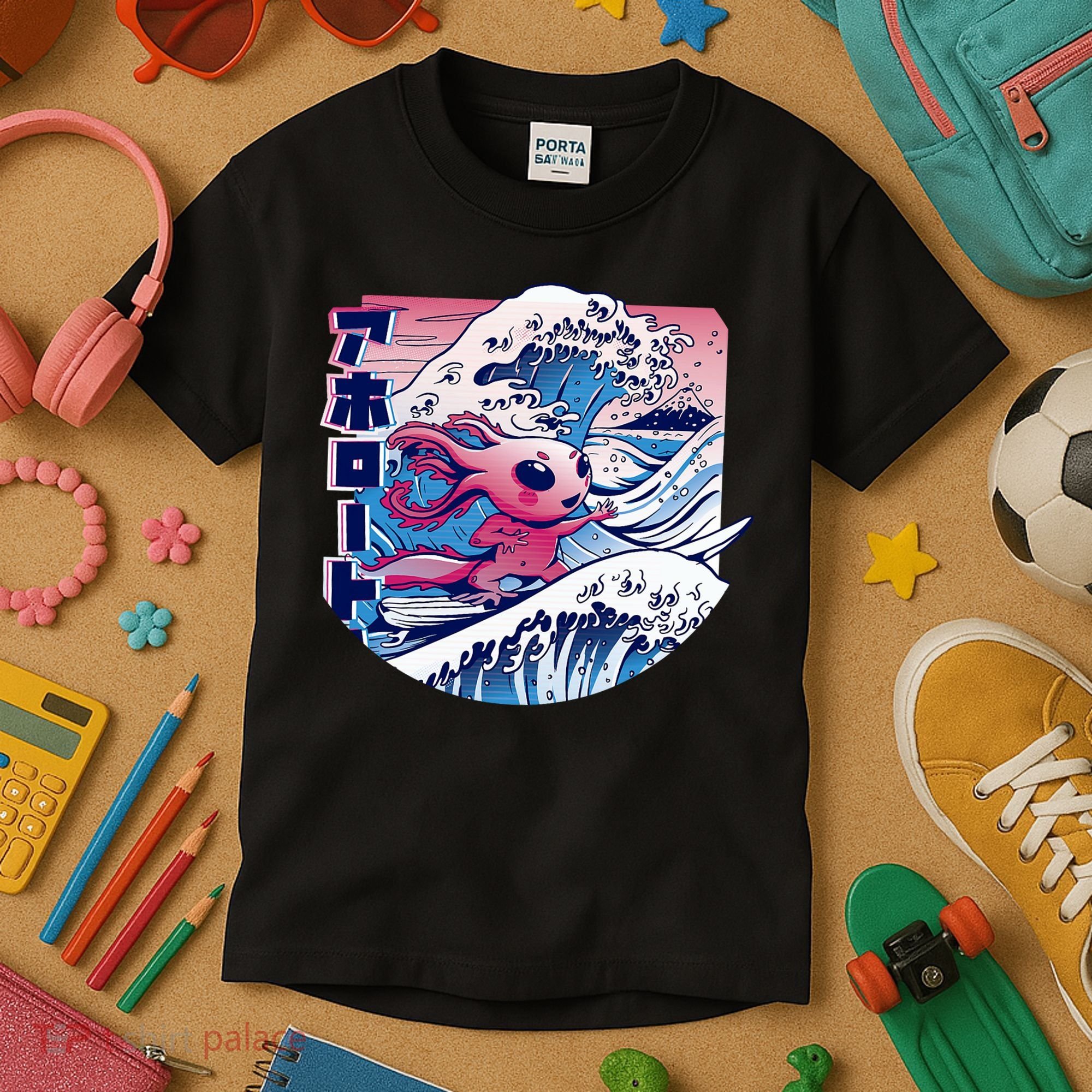 Axolotl Is Surfing Japanese Great Wave Axolotl Anime Kawaii Kids T-Shirt