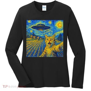 Alien Invasion Starry Night Cool Cat Lovers Gift Idea Women's Long Sleeve Shirt