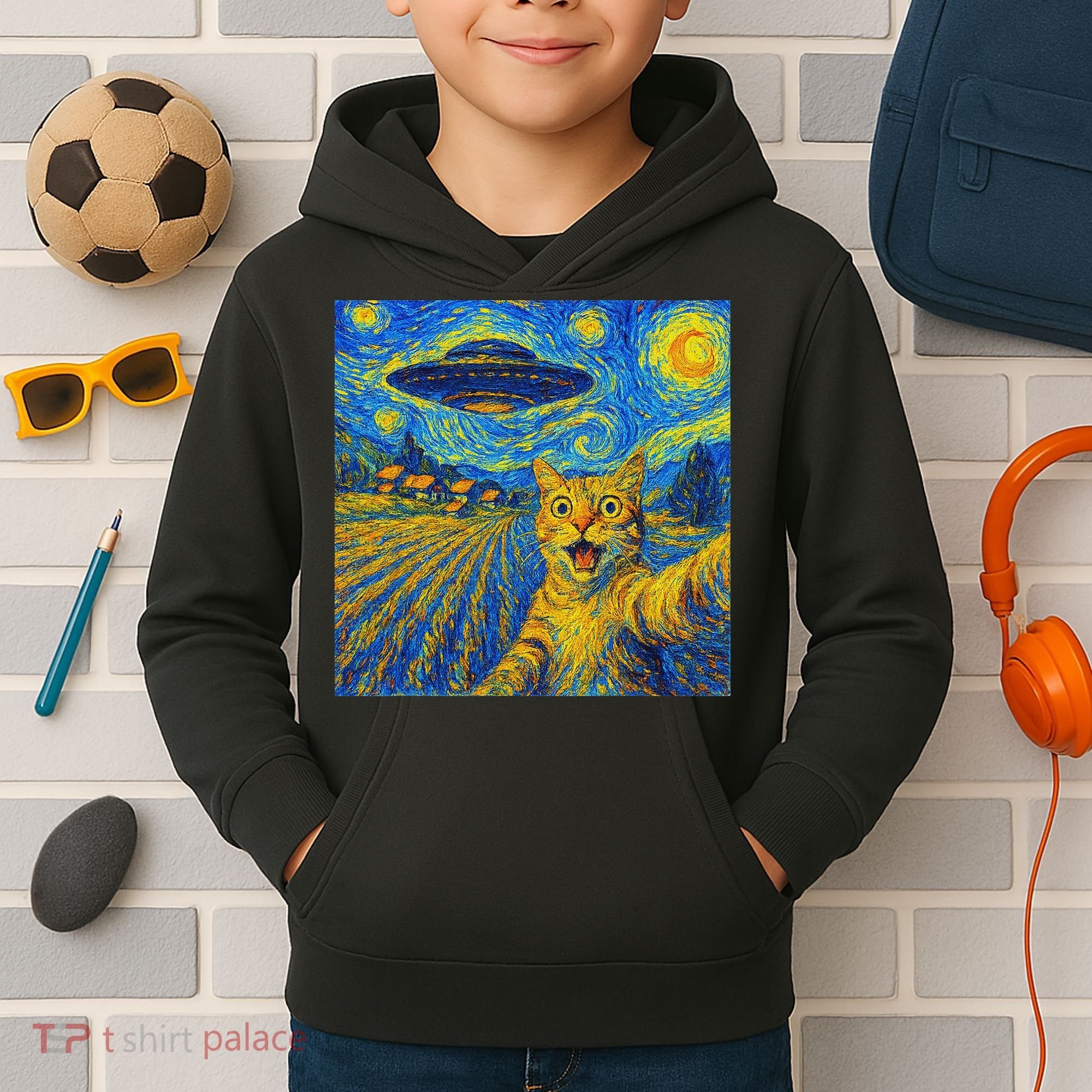 Alien Invasion Starry Night Cool Cat Lovers Gift Idea Kids Hoodie