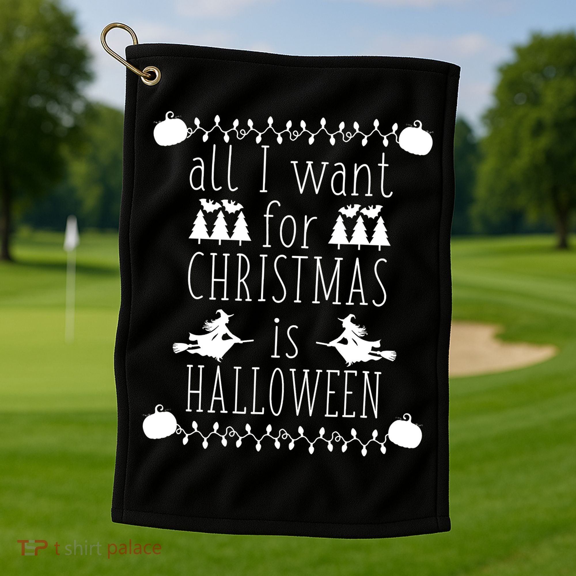 All I want for Christmas is Halloween Skull Christmas Lights Golf Towel