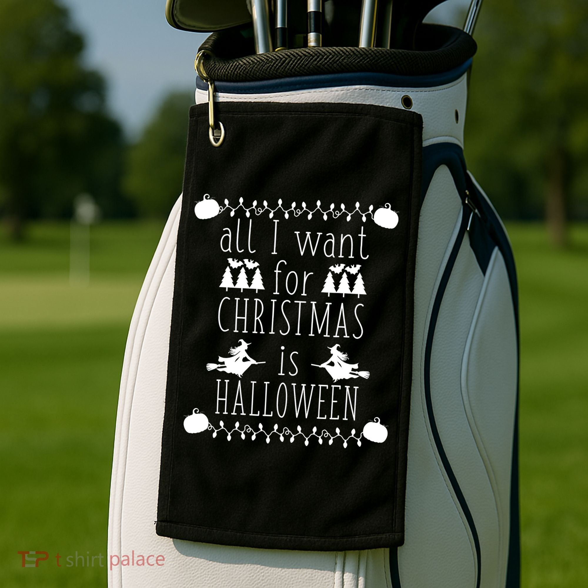 All I want for Christmas is Halloween Skull Christmas Lights Golf Towel