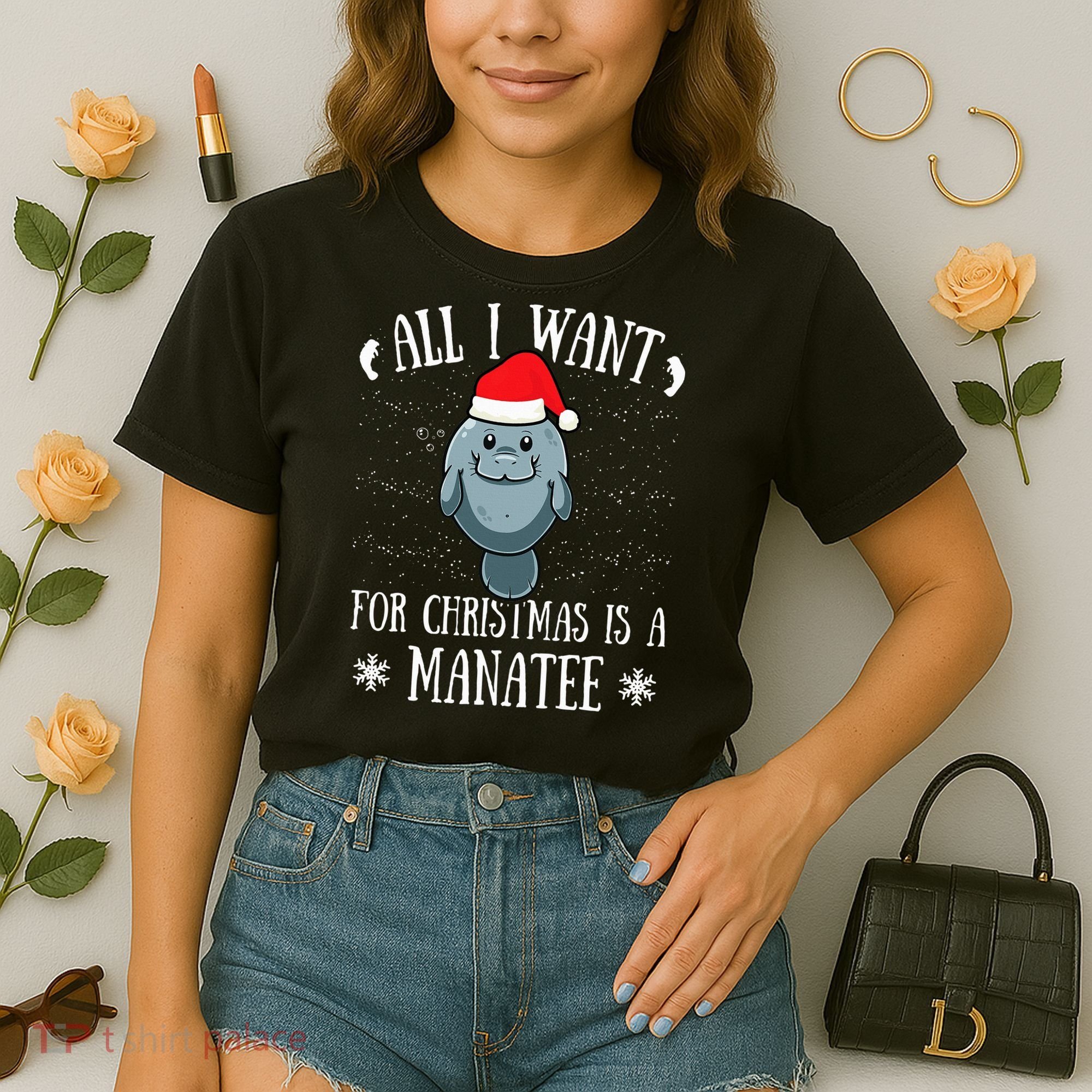 All I Want For Christmas Is A Manatee With Santa Claus Hat  Comfort Colors Boxy T-Shirt