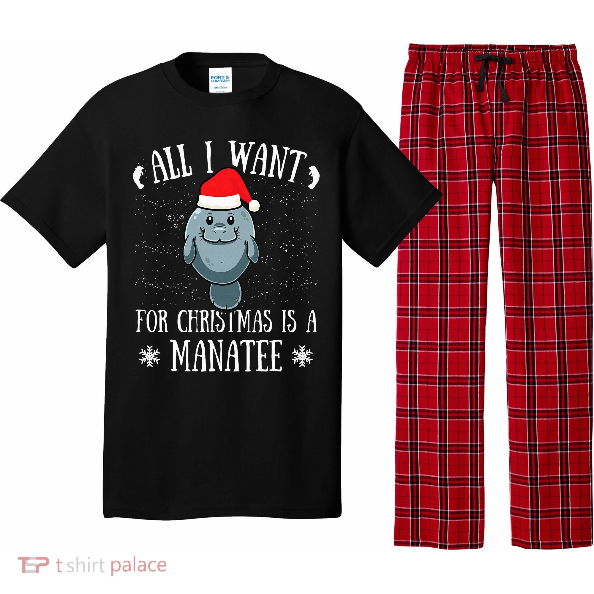 All I Want For Christmas Is A Manatee With Santa Claus Hat  Pajama Set