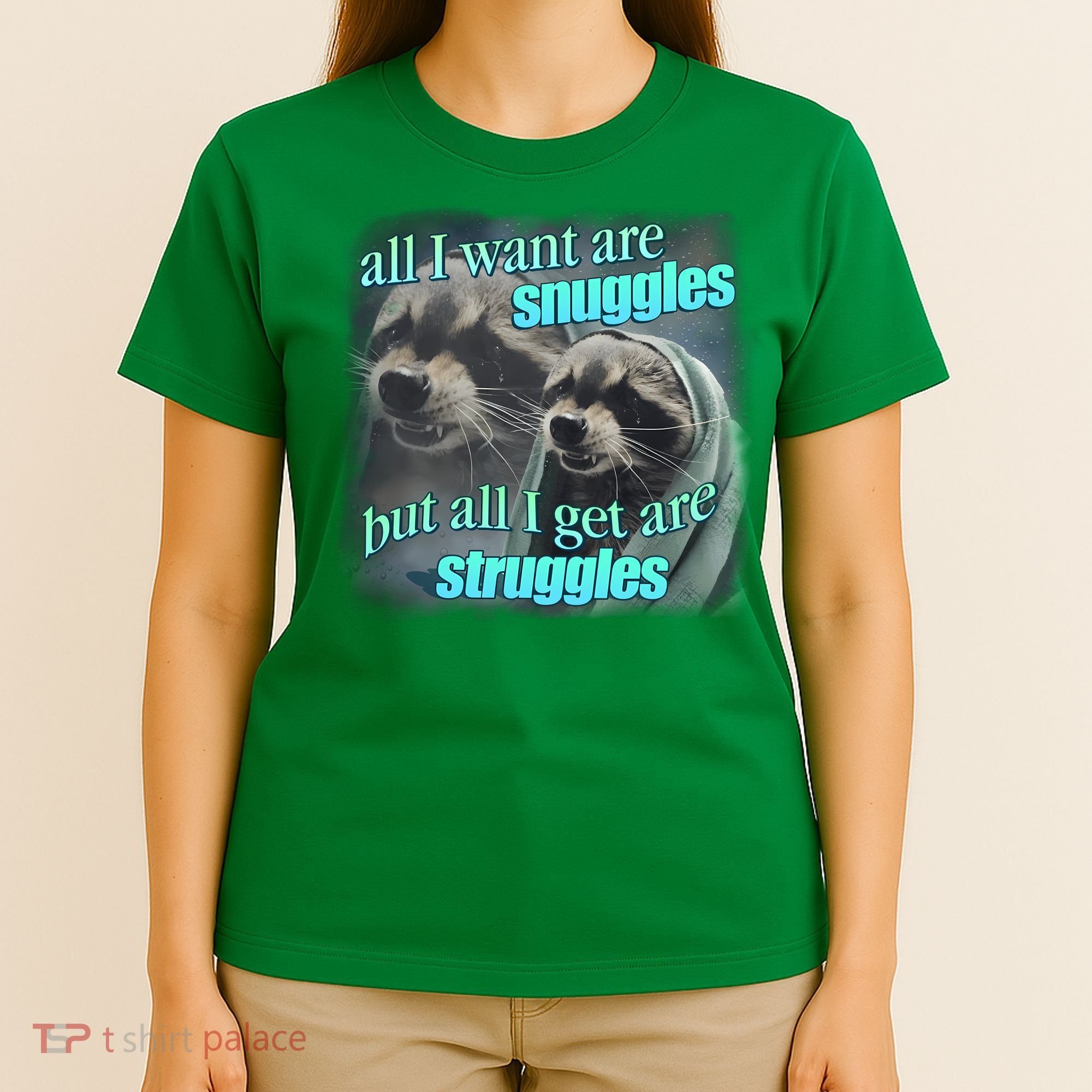 All I Want Are Snuggles But All I Get Are Struggles Raccoon Word Art Meme T-Shirt