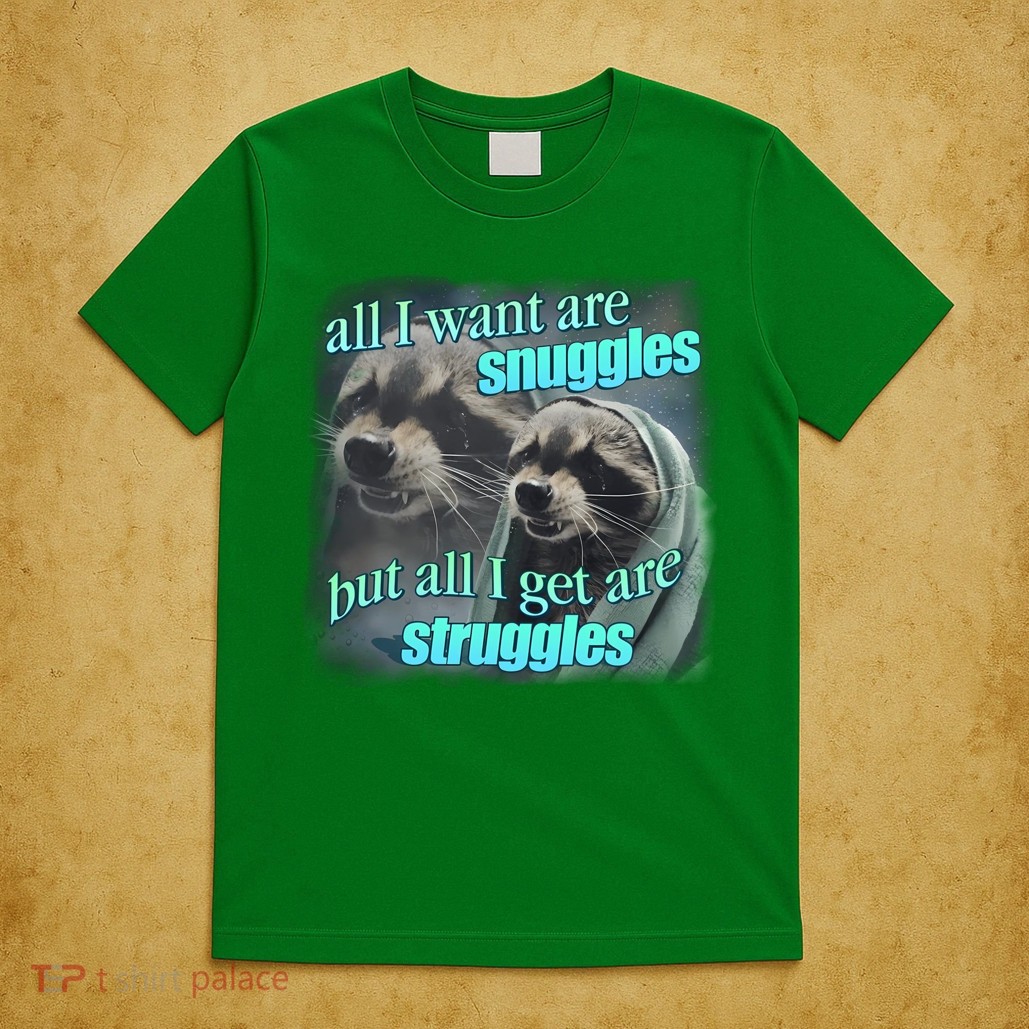 All I Want Are Snuggles But All I Get Are Struggles Raccoon Word Art Meme T-Shirt