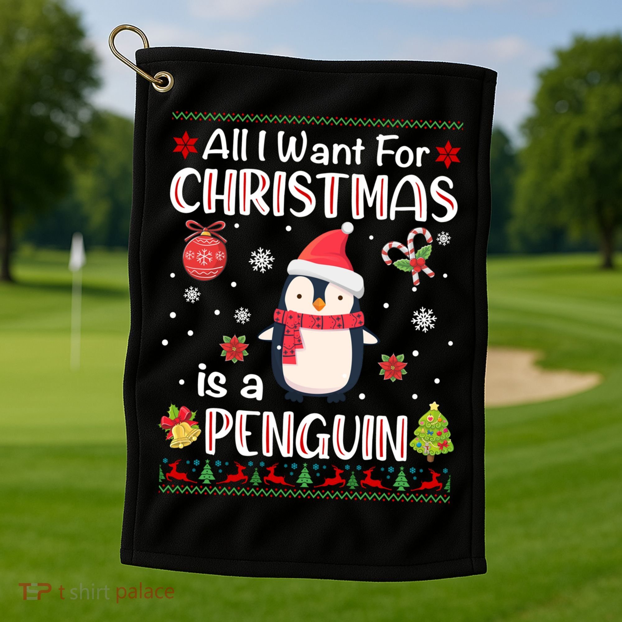 All I Want For Christmas Is A Penguin Funny Xmas Holiday Gift Golf Towel