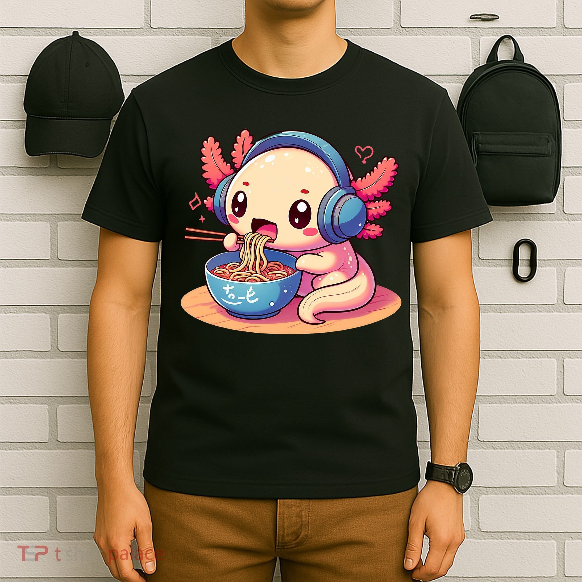 Anime Kawaii Axolotl Eating Ramen Noodles T-Shirt