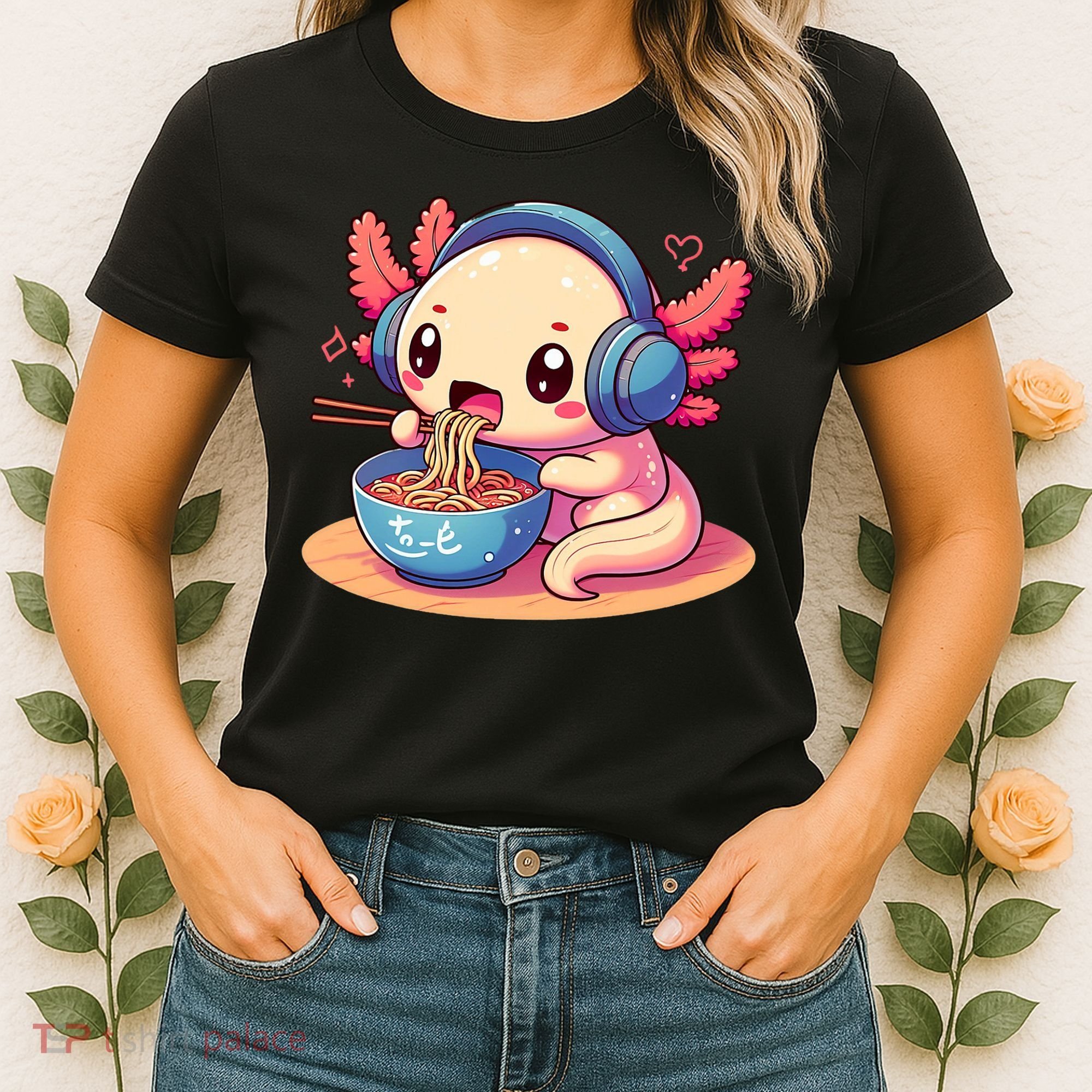 Anime Kawaii Axolotl Eating Ramen Noodles Women's T-Shirt