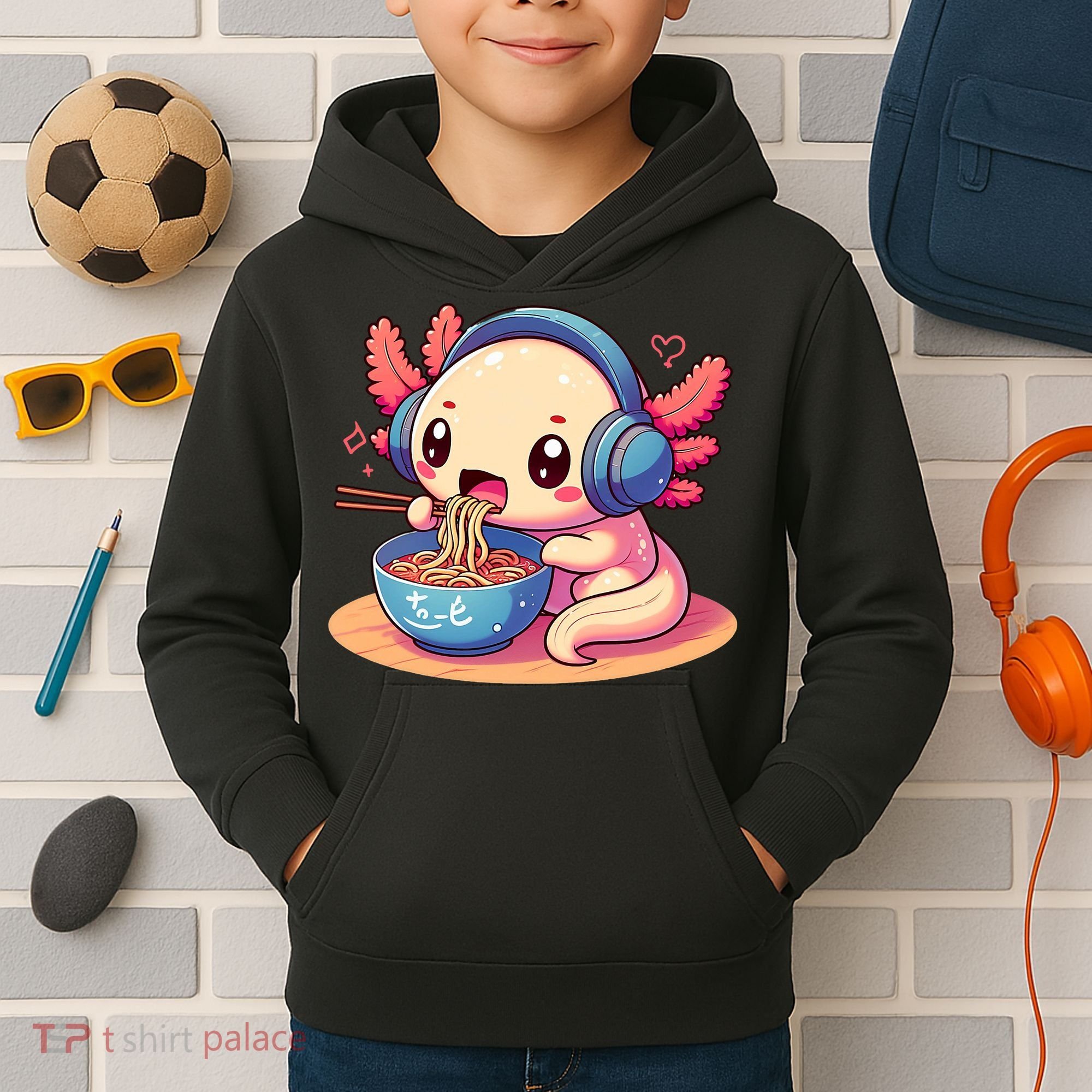 Anime Kawaii Axolotl Eating Ramen Noodles Kids Hoodie
