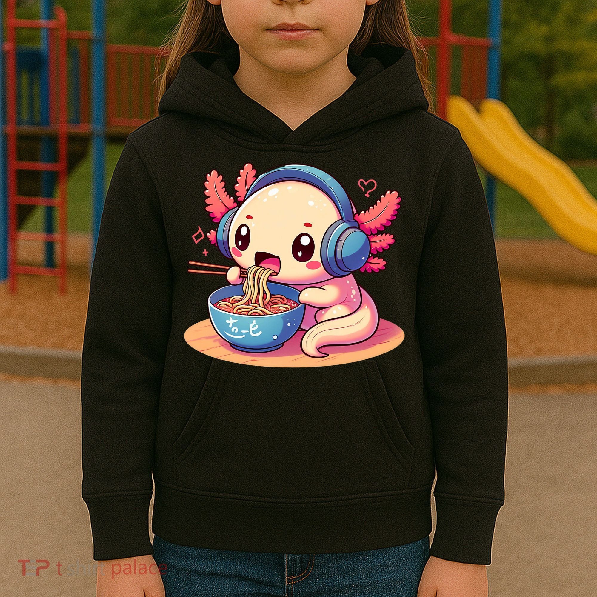 Anime Kawaii Axolotl Eating Ramen Noodles Kids Hoodie