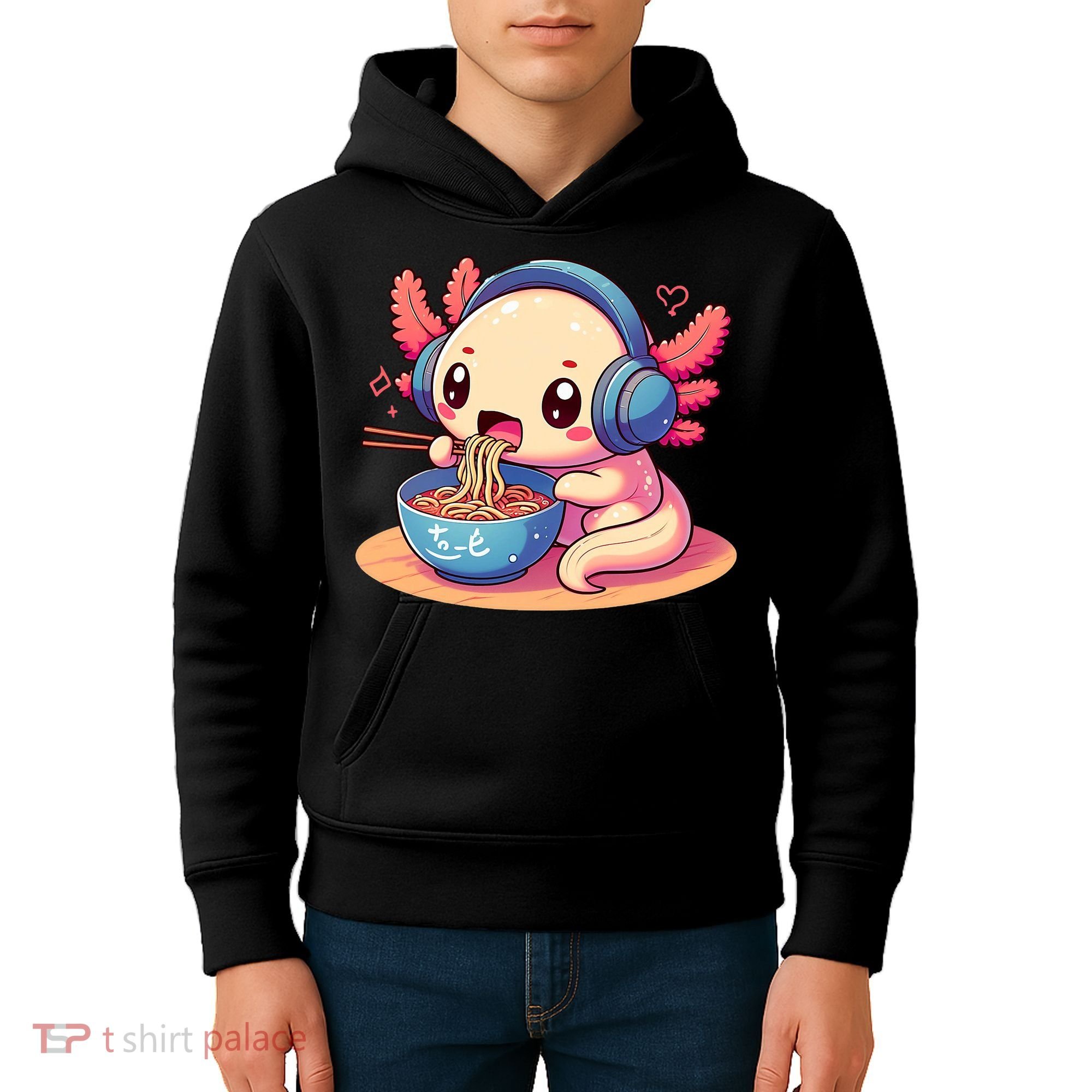 Anime Kawaii Axolotl Eating Ramen Noodles Kids Hoodie