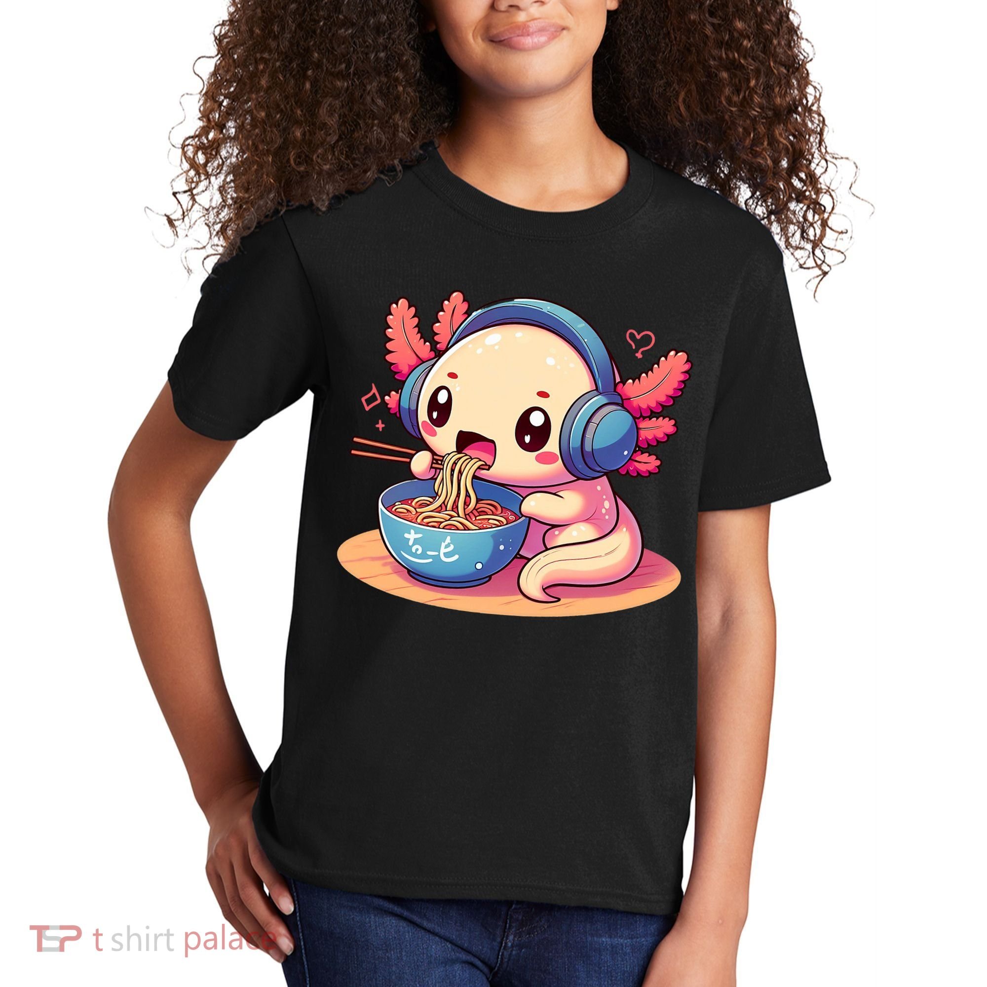 Anime Kawaii Axolotl Eating Ramen Noodles Kids T-Shirt