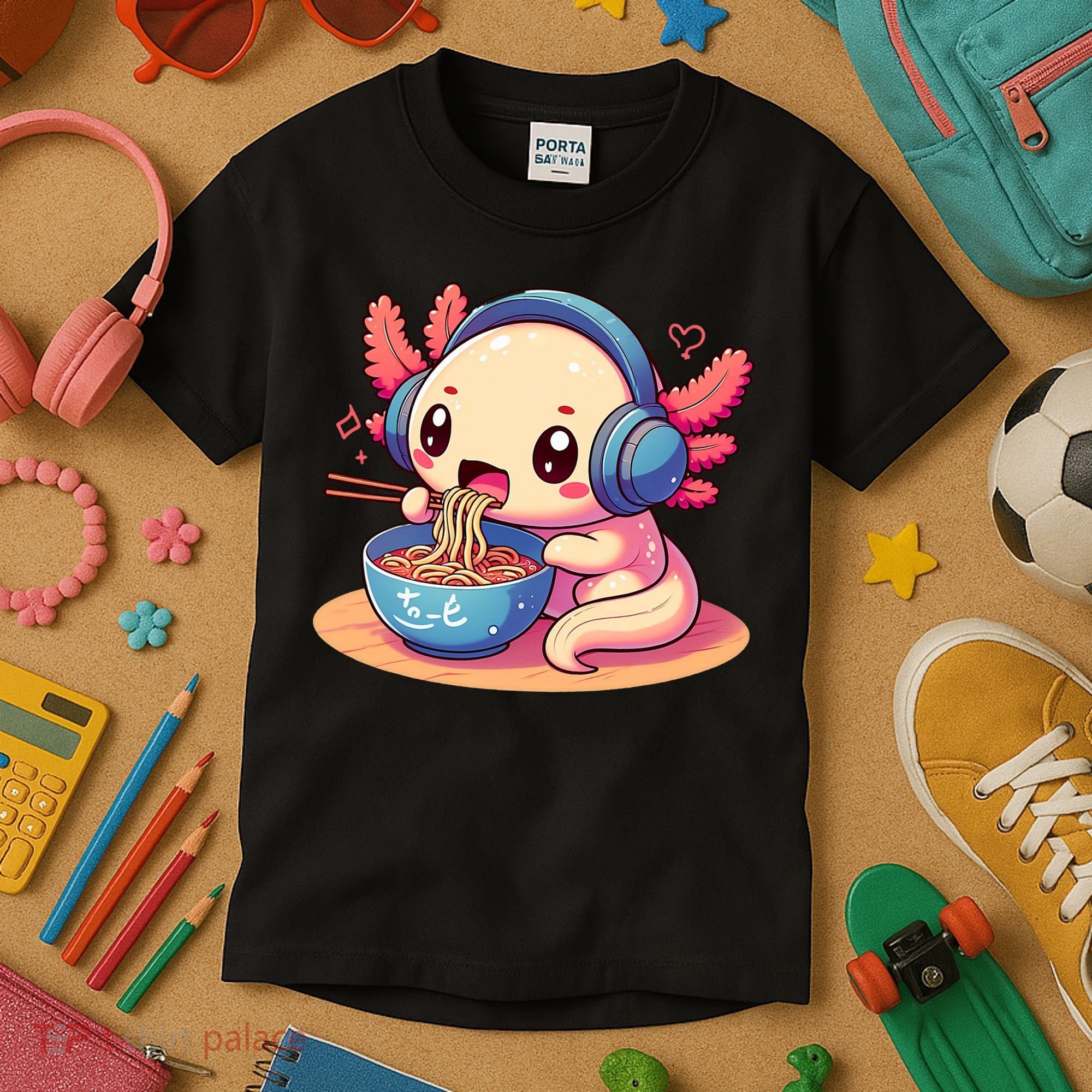 Anime Kawaii Axolotl Eating Ramen Noodles Kids T-Shirt
