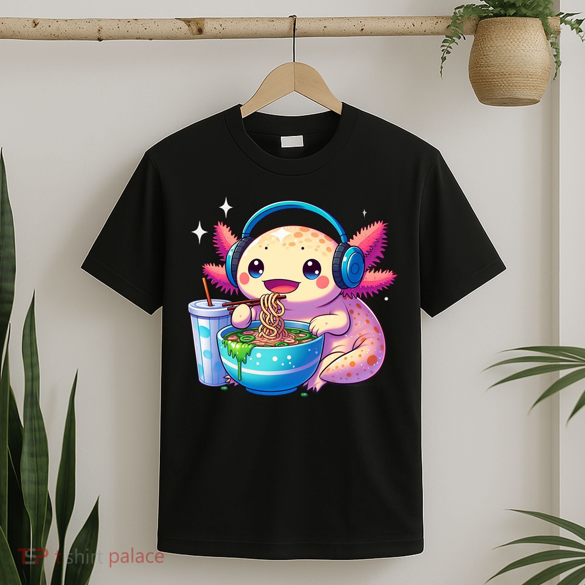 Anime Kawaii Axolotl Eating Ramen Noodles Funny T-Shirt