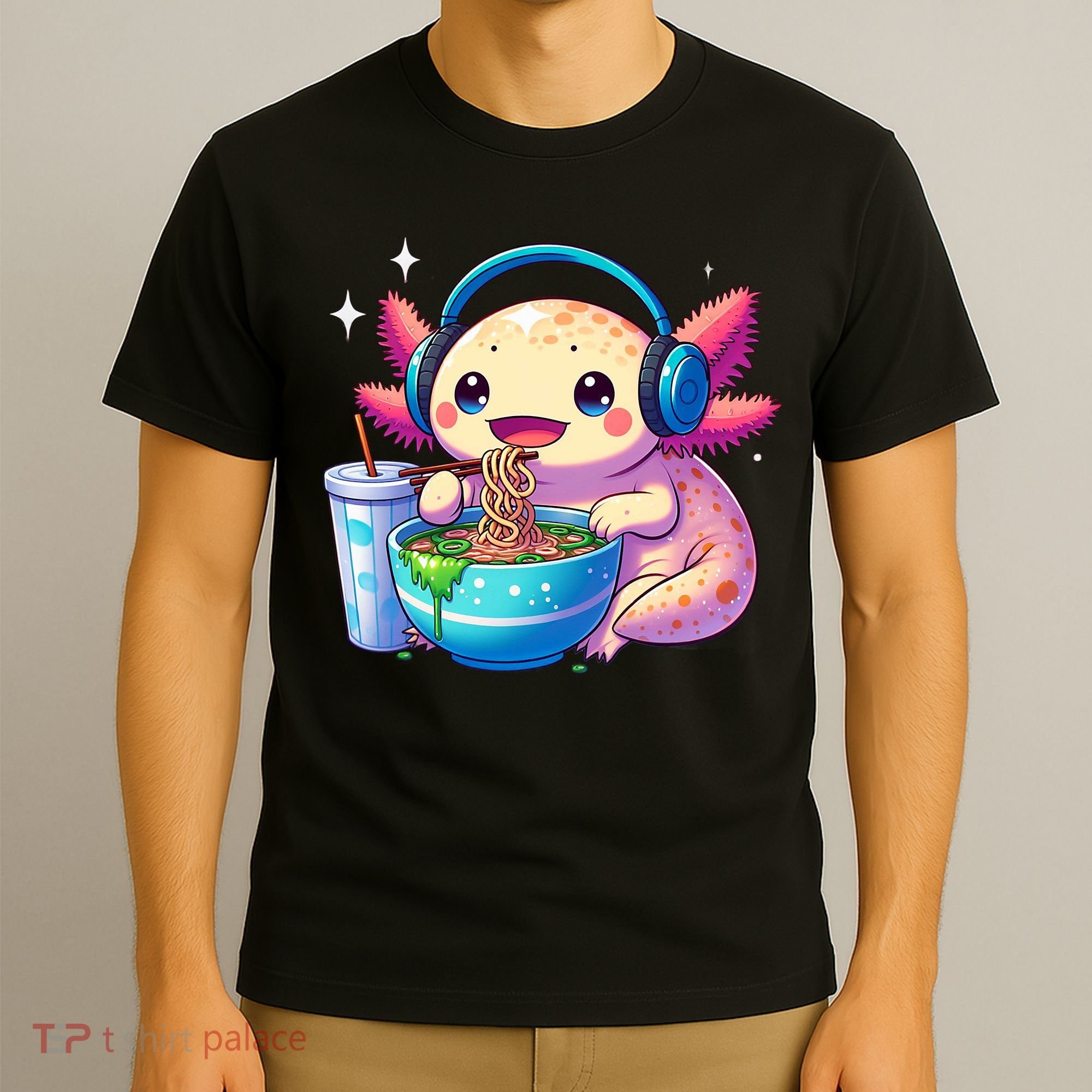 Anime Kawaii Axolotl Eating Ramen Noodles Funny T-Shirt