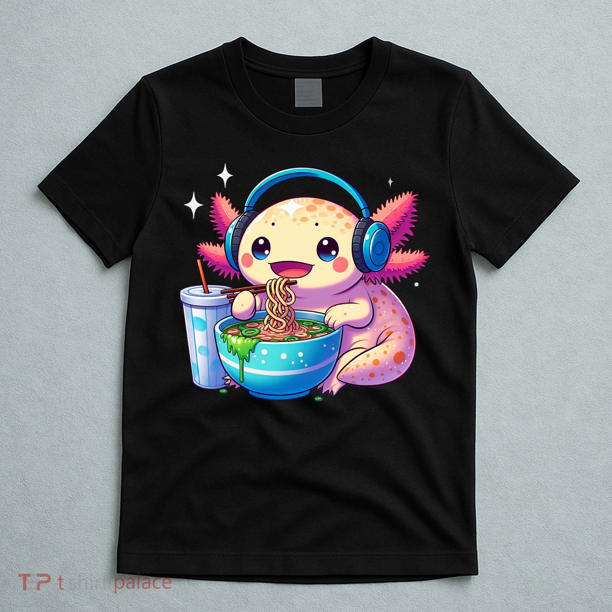 Anime Kawaii Axolotl Eating Ramen Noodles Funny T-Shirt