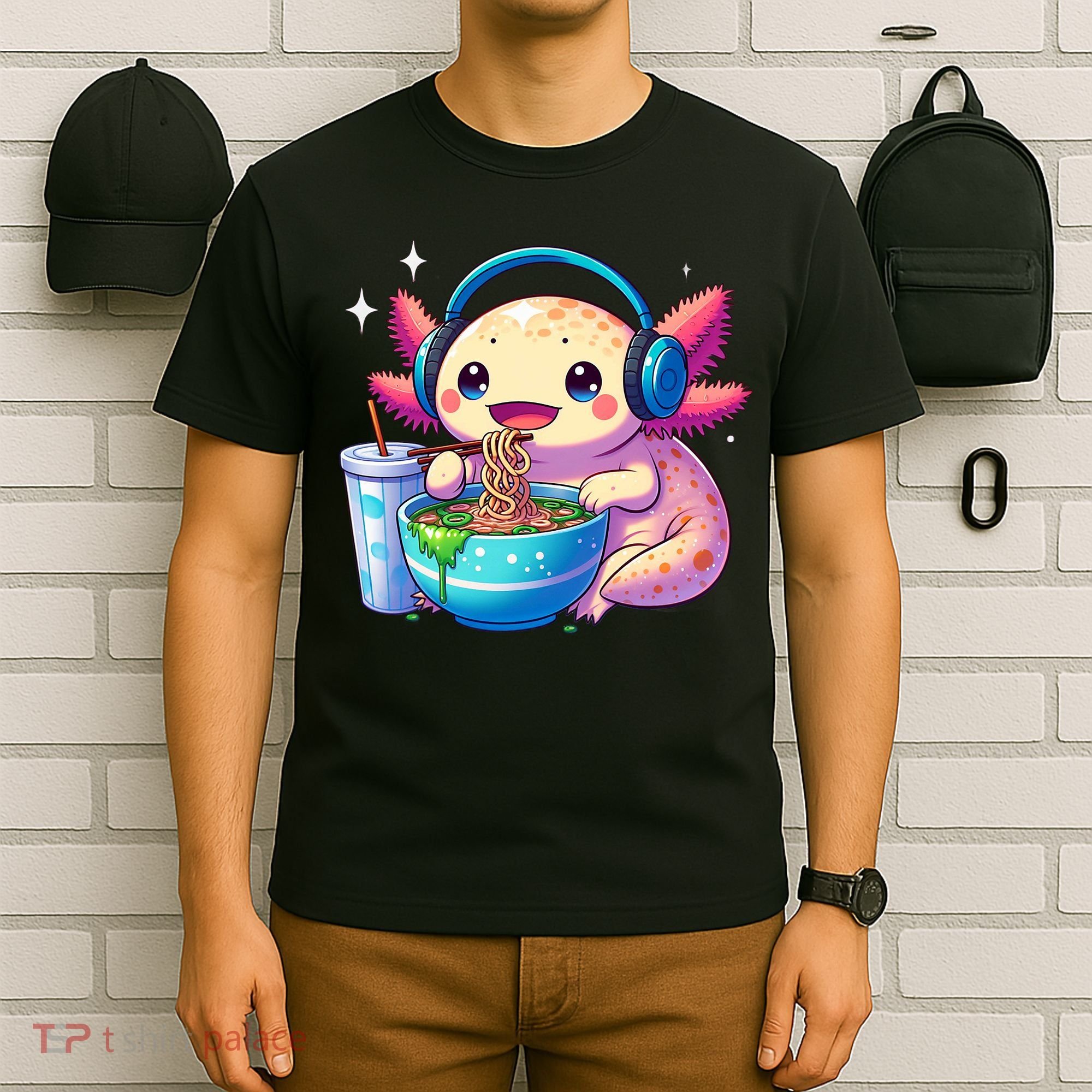 Anime Kawaii Axolotl Eating Ramen Noodles Funny T-Shirt