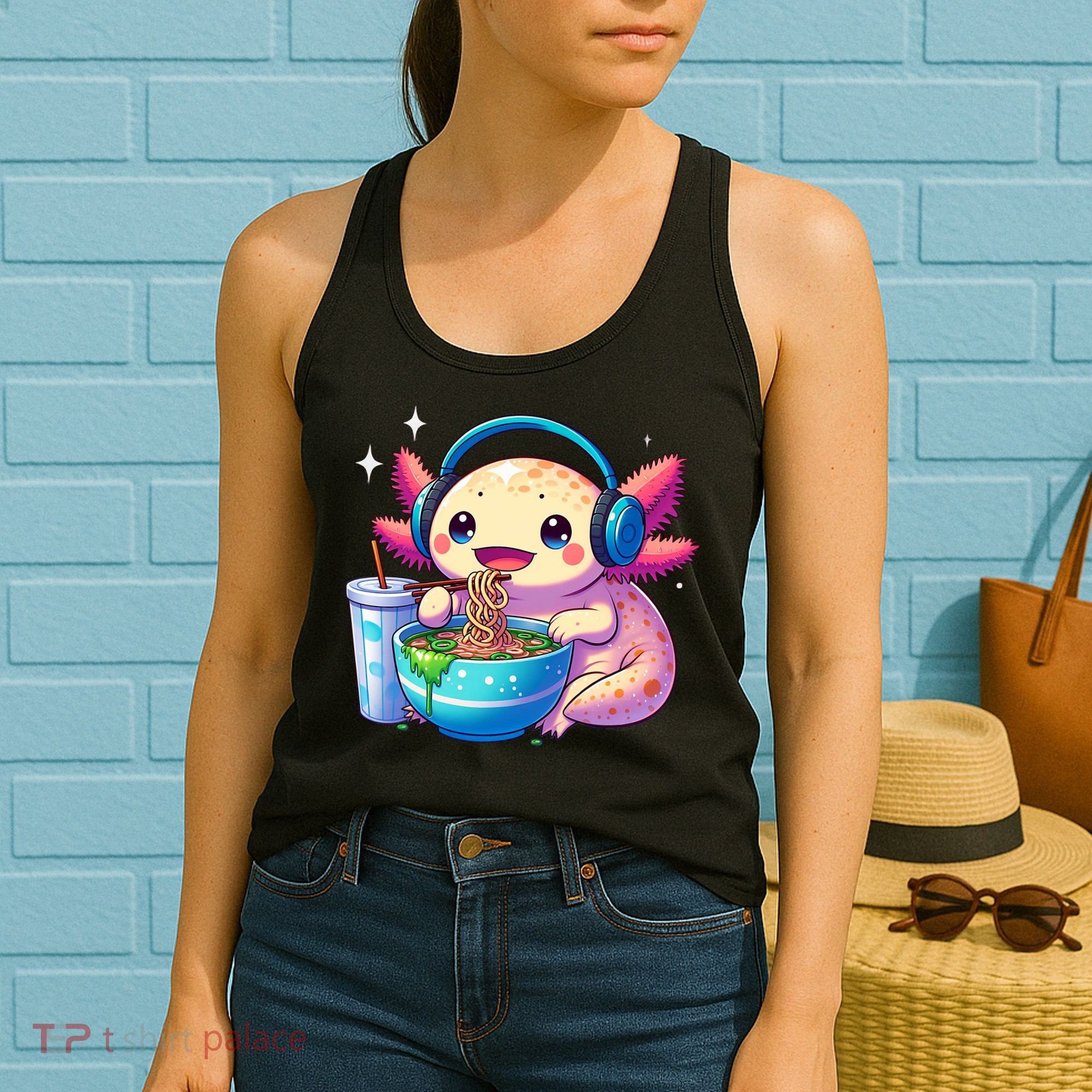 Anime Kawaii Axolotl Eating Ramen Noodles Funny Women's Tank Top